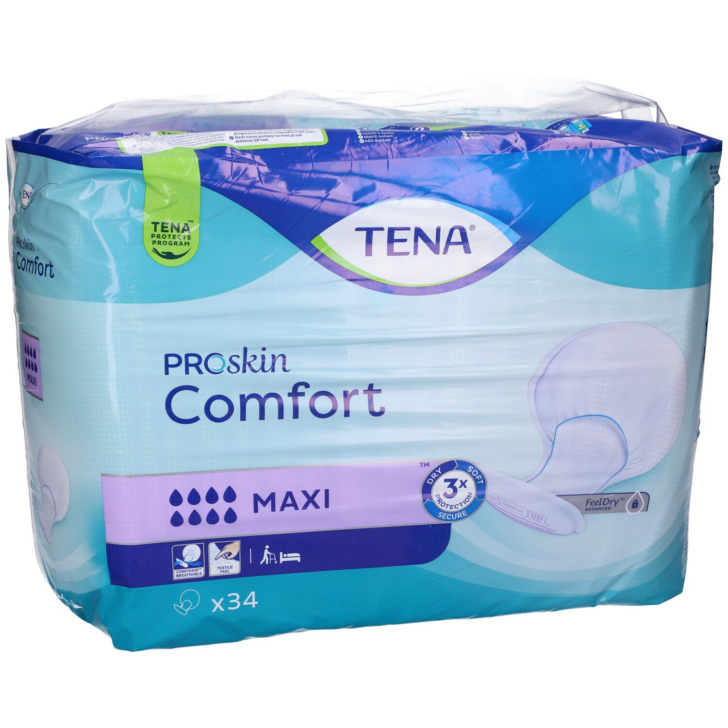 TENA ProSkin Comfort Maxi, confezionato in plastica. Nome prodotto, indicatore assorbenza, contenuto: 34 pezzi. Vista obliqua.