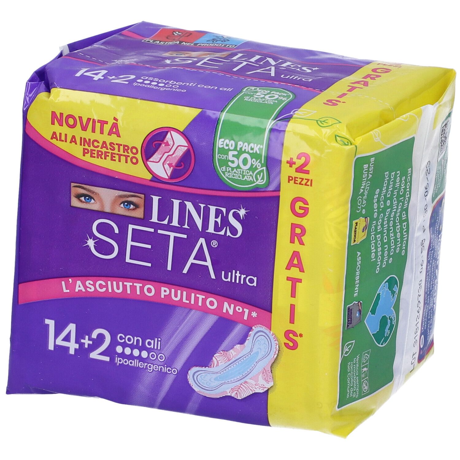 Confezione di LINES Seta Ultra con ali. Confezione viola e gialla con immagine del prodotto e testo. Contiene 14+2 pezzi.