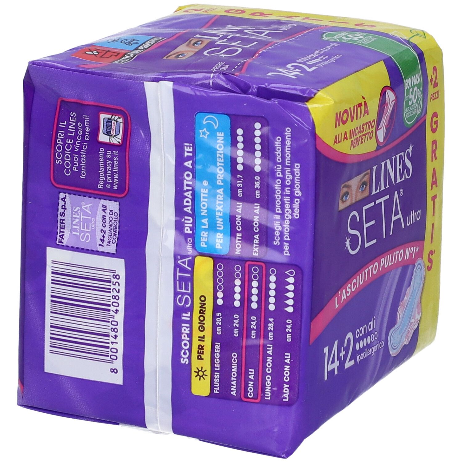 Retro della confezione LINES Seta Ultra. Informazioni sul prodotto e indicazioni di taglia. Confezione viola con accenti gialli.