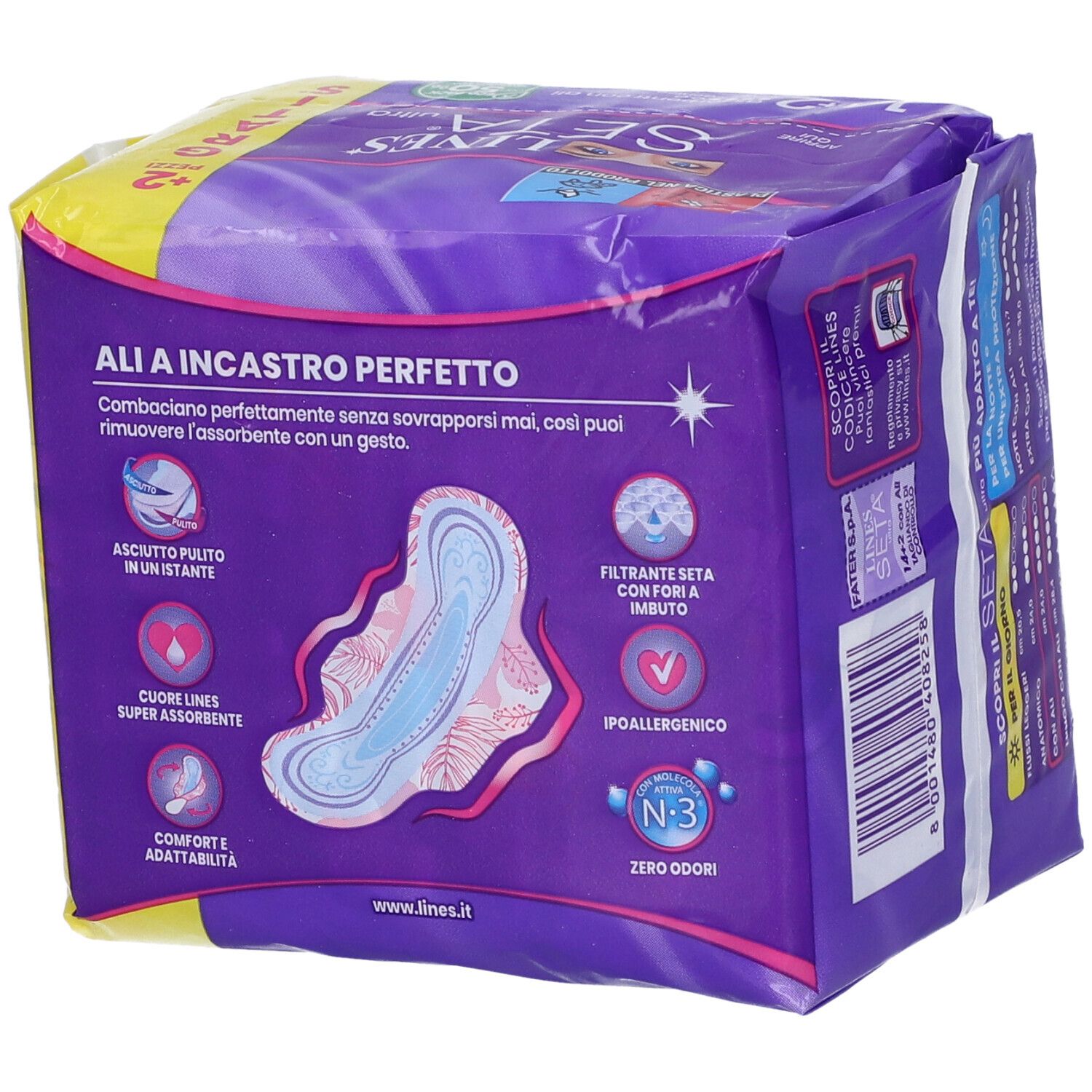 Retro della confezione LINES Seta Ultra. Caratteristiche del prodotto e illustrazioni. Confezione viola con elementi bianchi e rosa.