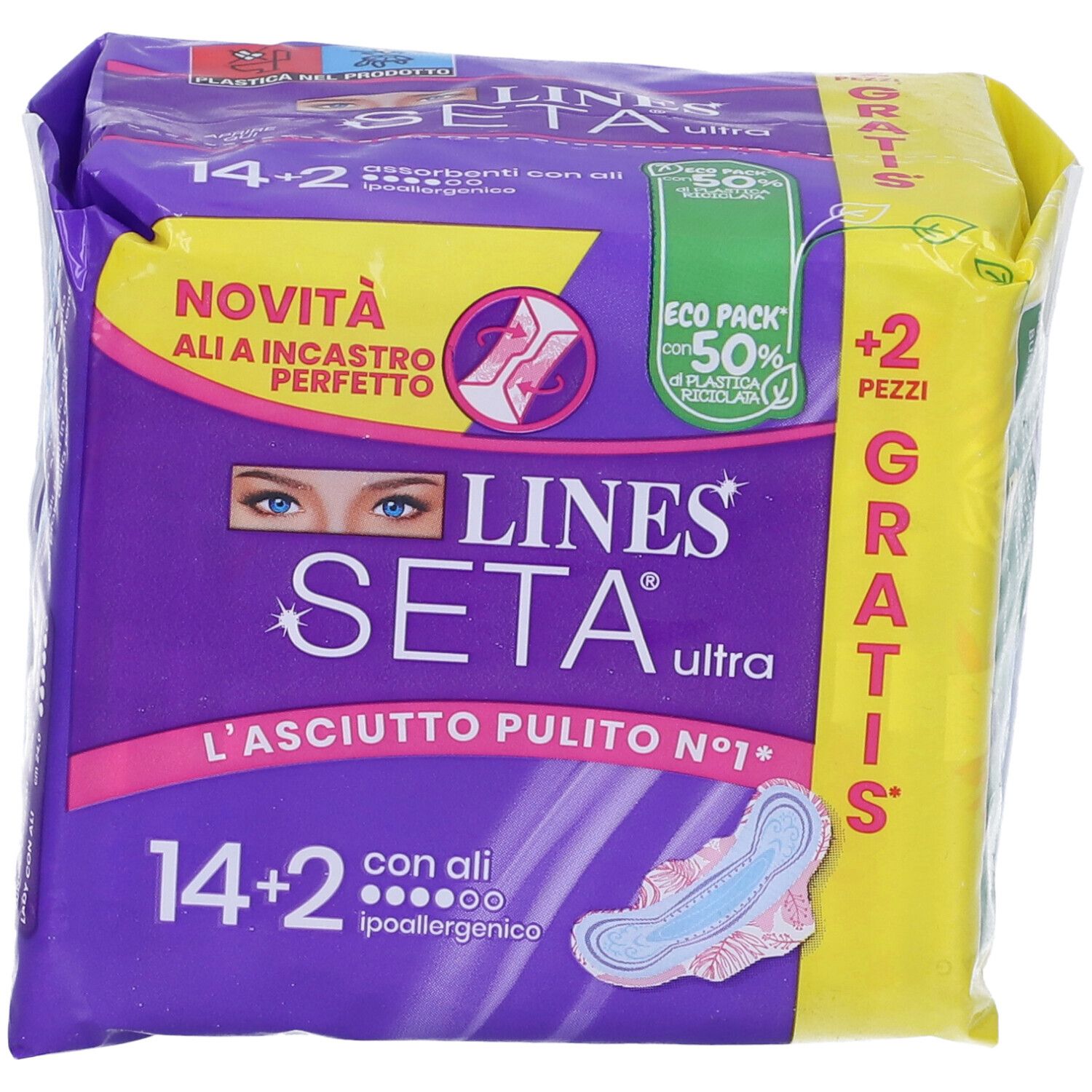 Fronte della confezione LINES Seta Ultra. Confezione viola e gialla con immagine del prodotto e testo. Contiene 14+2 pezzi.