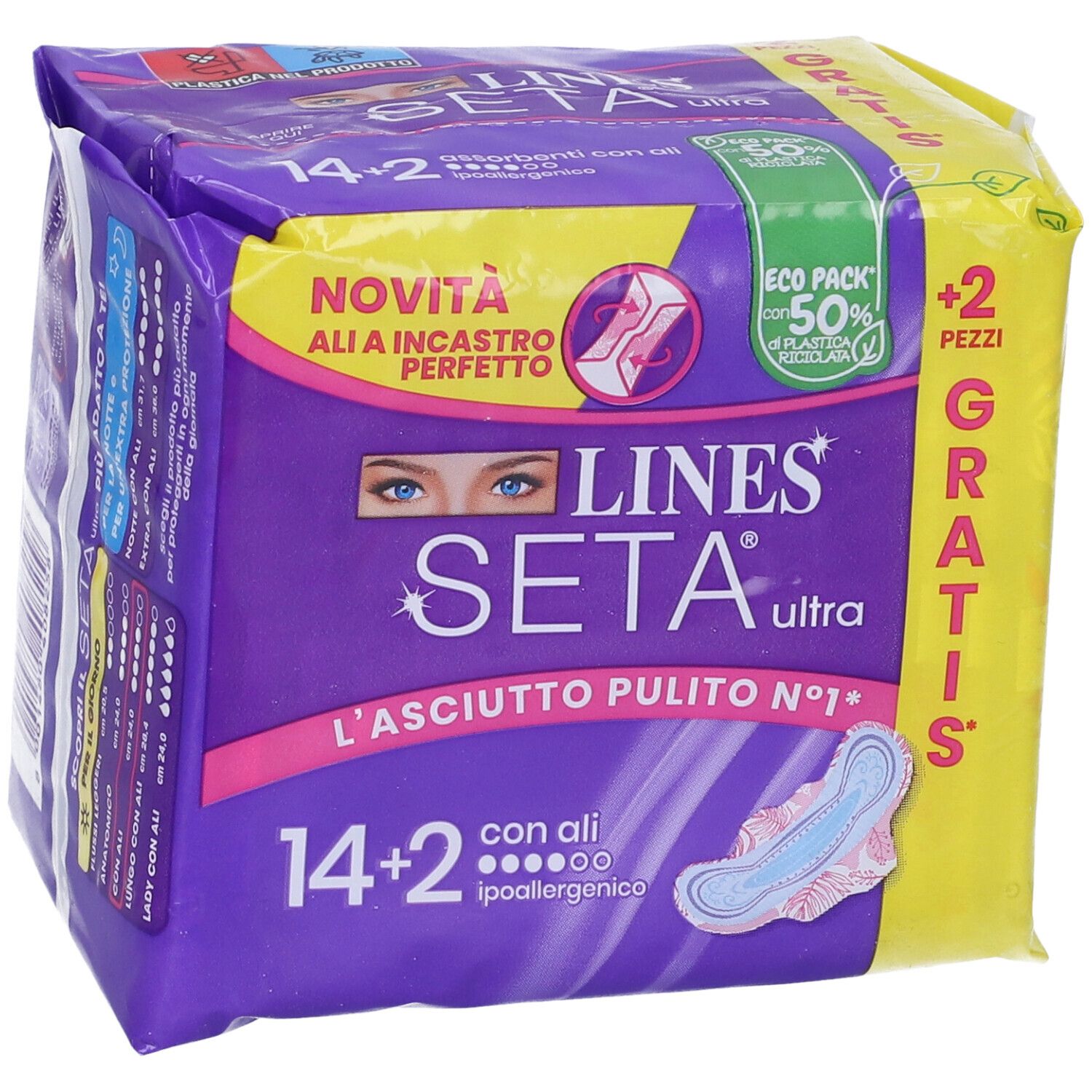 Fronte della confezione LINES Seta Ultra. Confezione viola e gialla con immagine del prodotto e testo. Contiene 14+2 pezzi.