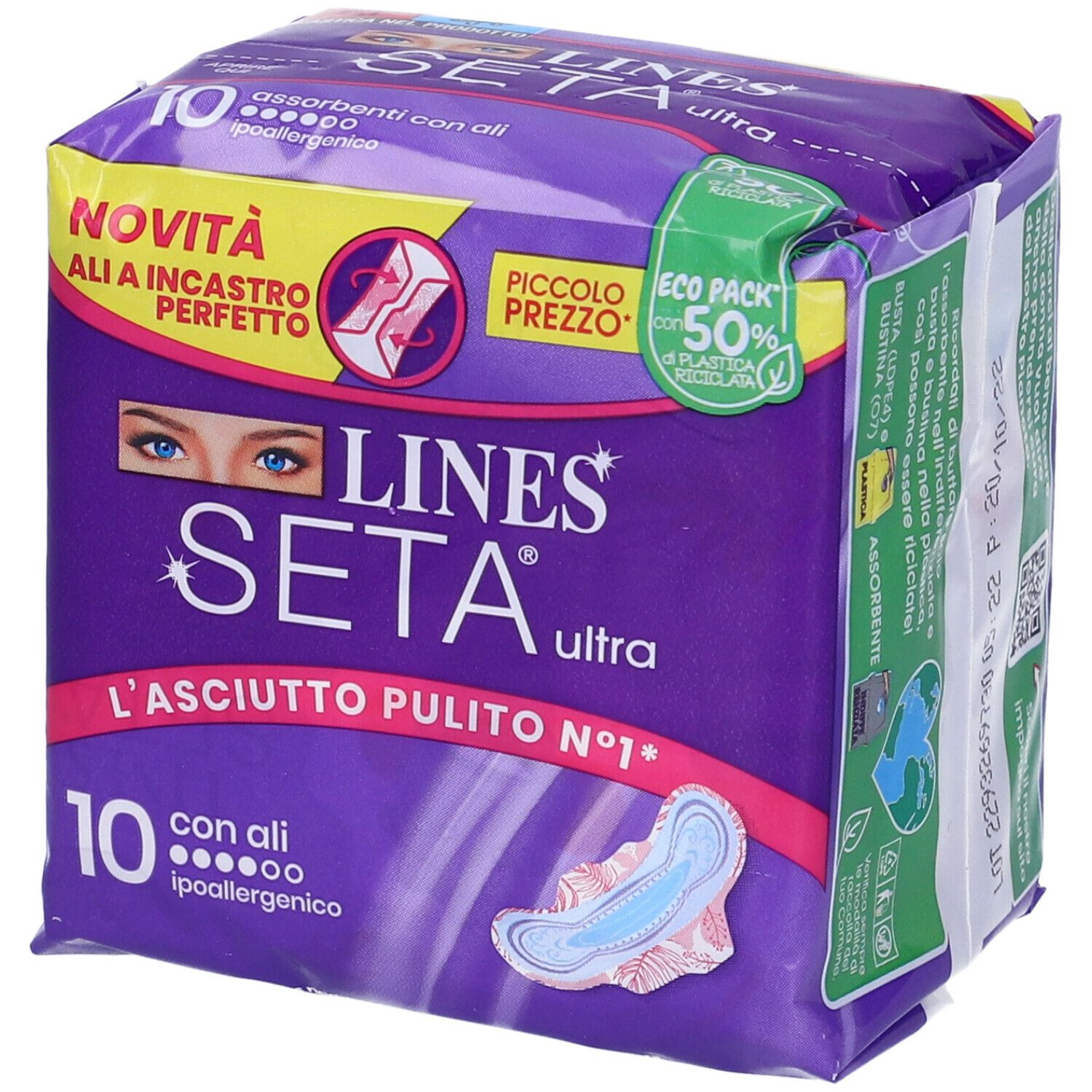 Confezione da 10 assorbenti con ali. Confezione viola con nome e logo del prodotto. Contiene un prodotto illustrato.