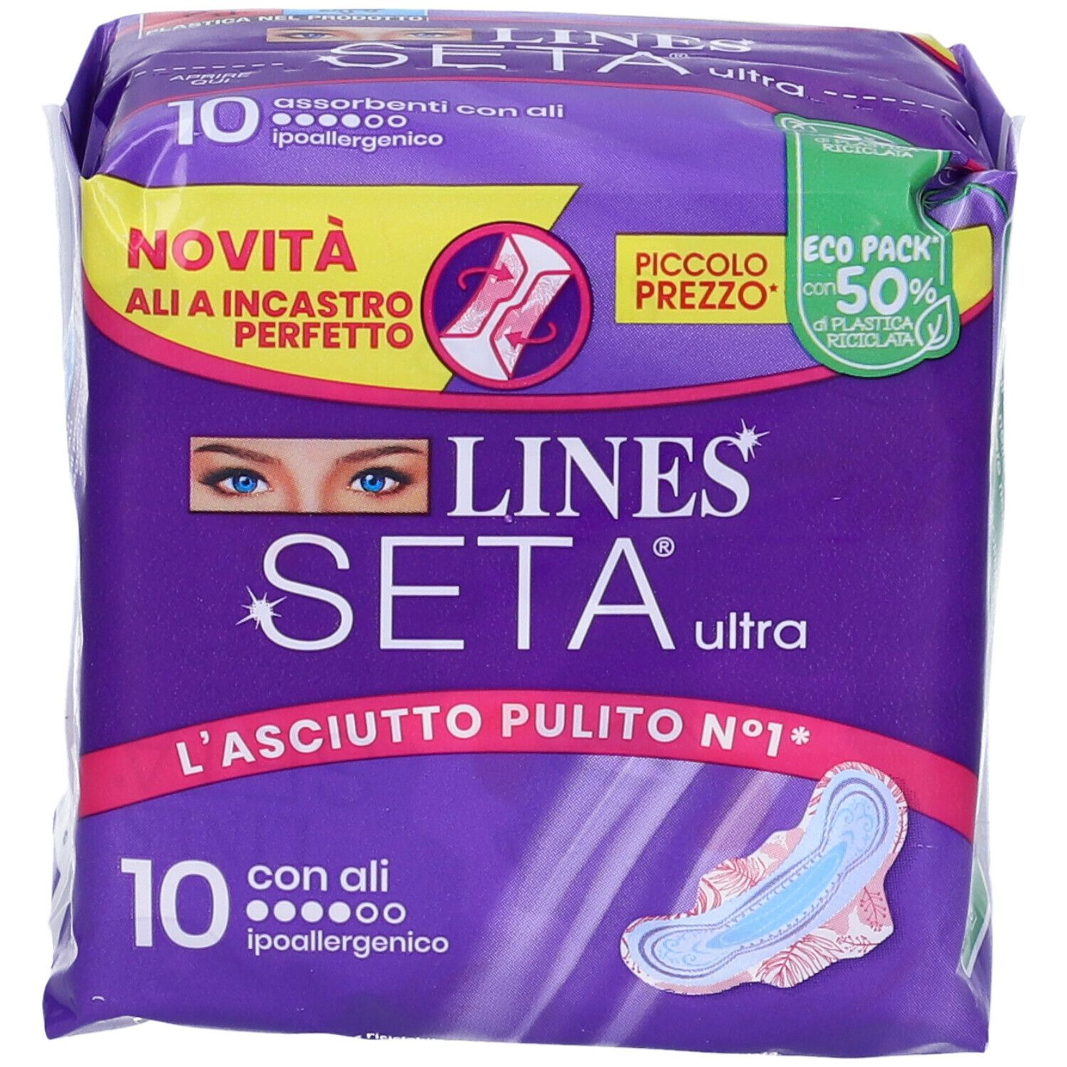 Confezione da 10 assorbenti con ali. Confezione viola con nome e logo del prodotto. Contiene un prodotto illustrato.