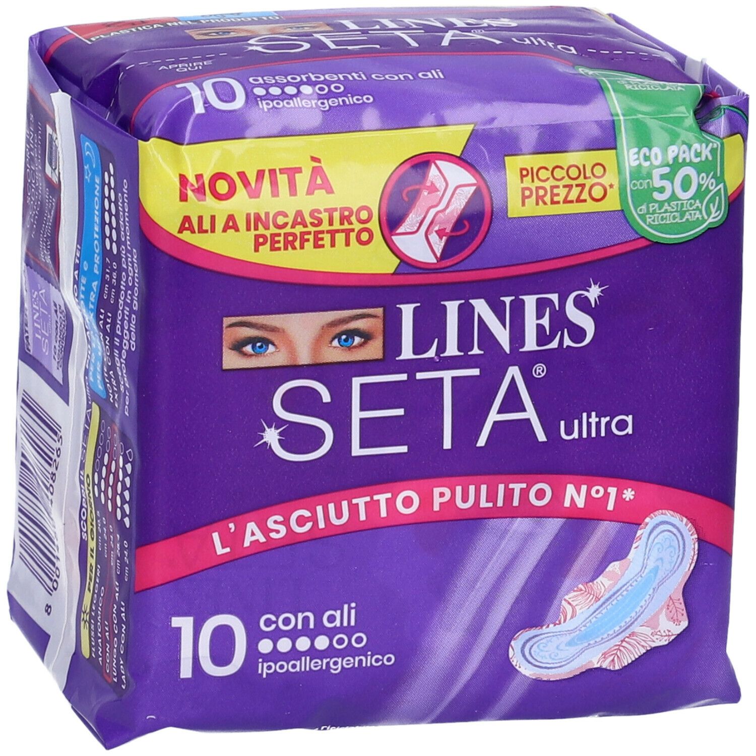 Confezione da 10 assorbenti con ali. Confezione viola con nome e logo del prodotto. Contiene un prodotto illustrato.