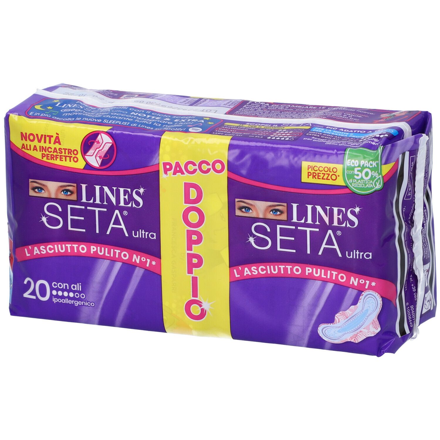 Confezione di LINES Seta Ultra con ali. Confezione doppia da 20 pezzi. Confezione viola con nome e logo del prodotto.