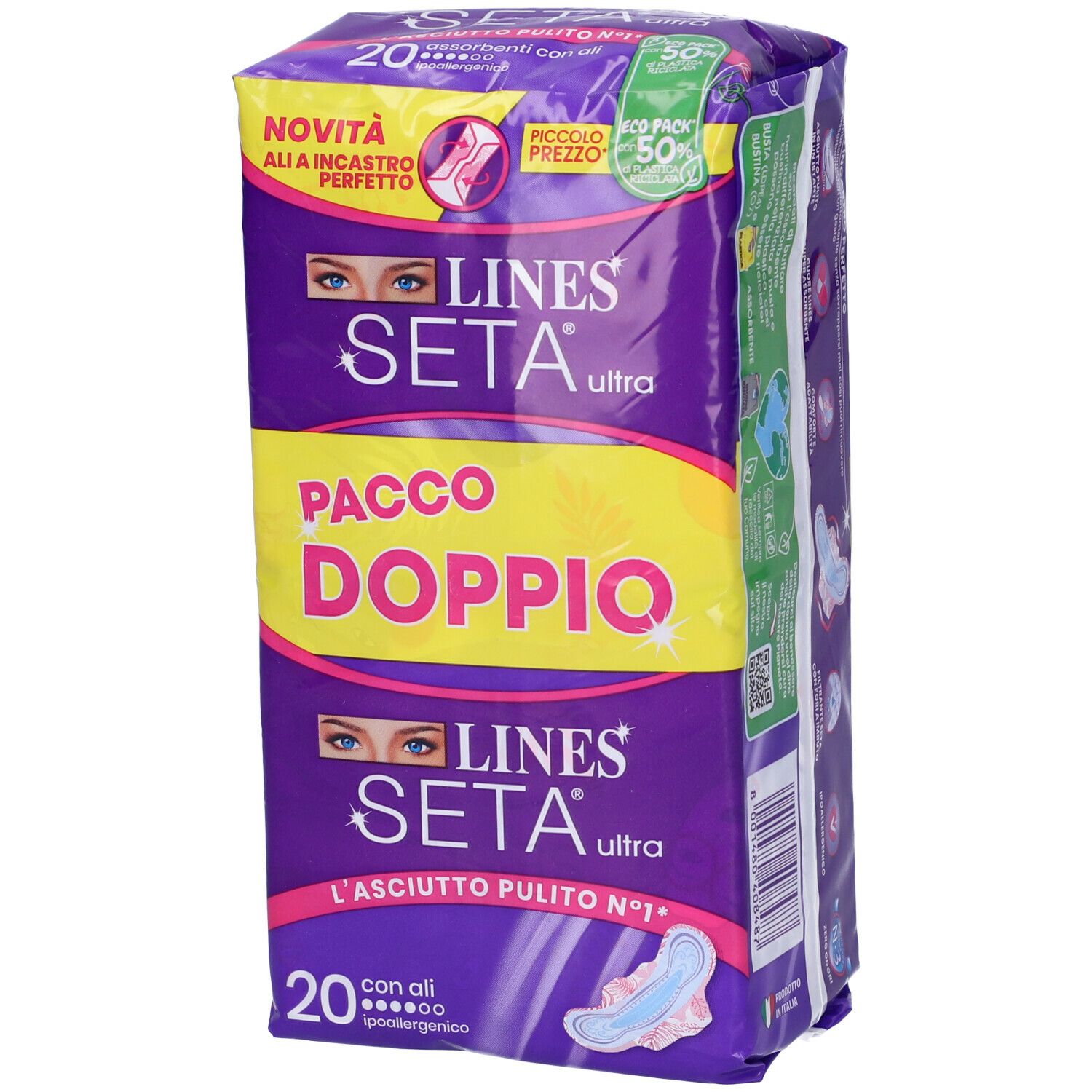 Confezione di LINES Seta Ultra con ali. Confezione doppia. Confezione viola con nome e logo del prodotto. 20 pezzi.