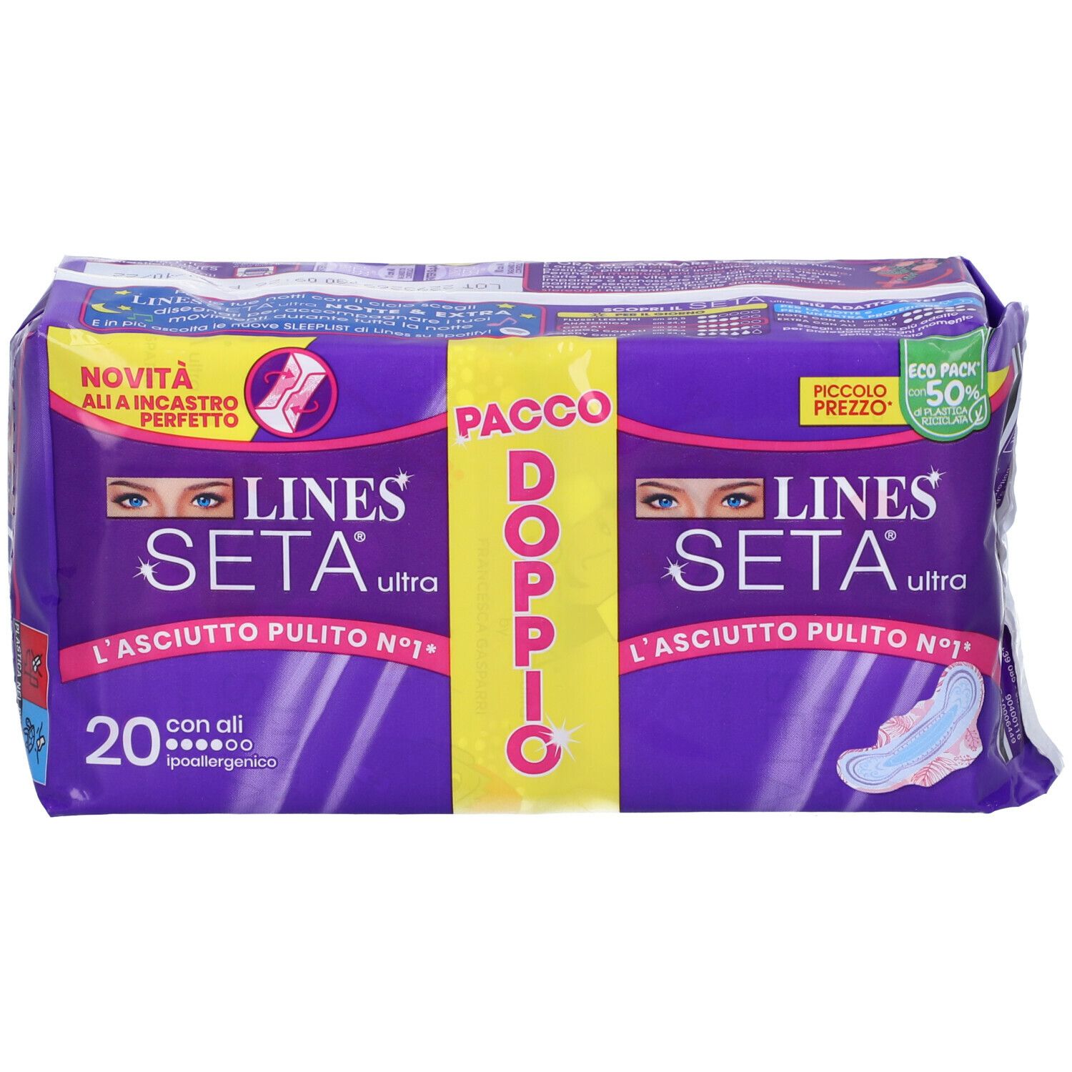Confezione di LINES Seta Ultra con ali. Confezione doppia. Confezione viola con nome e logo del prodotto. 20 pezzi.