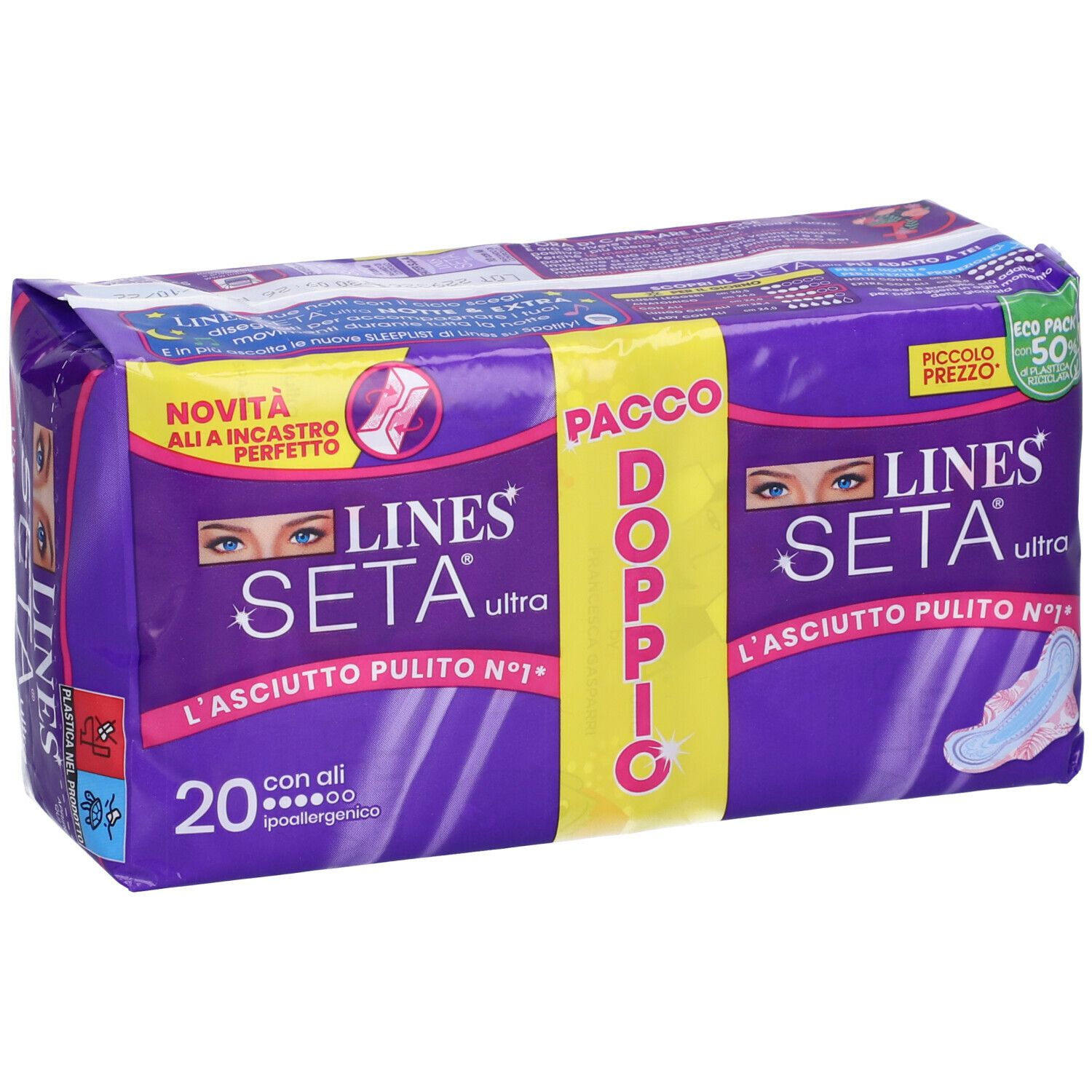 Confezione di LINES Seta Ultra con ali. Confezione doppia. Confezione viola con nome e logo del prodotto. 20 pezzi.