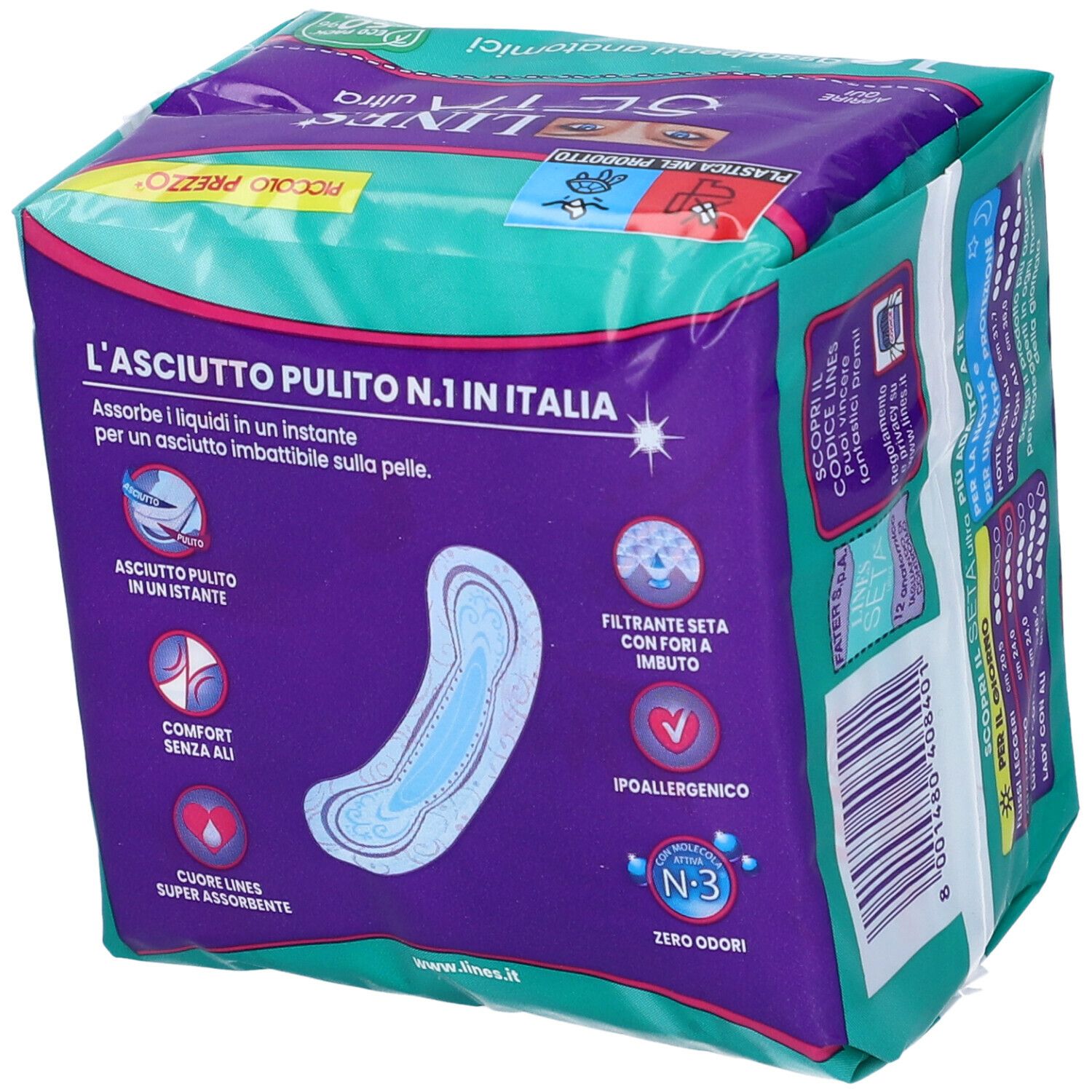 Confezione di 12 assorbenti anatomici. Marchio LINES Seta Ultra. Sulla confezione sono presenti le caratteristiche del prodotto e un'immagine.