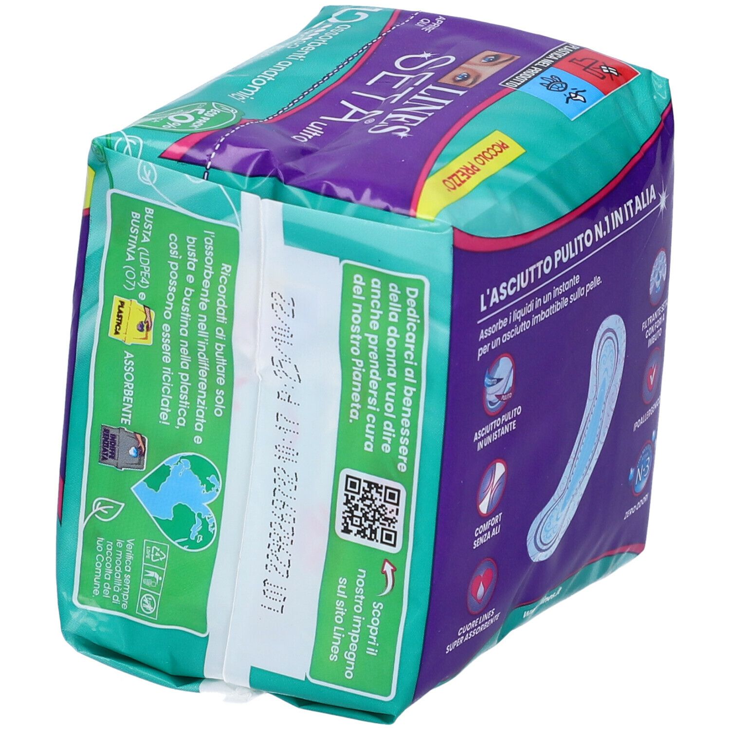 Confezione di 12 assorbenti anatomici. Marchio LINES Seta Ultra. Sulla confezione sono presenti le caratteristiche del prodotto e un codice QR.