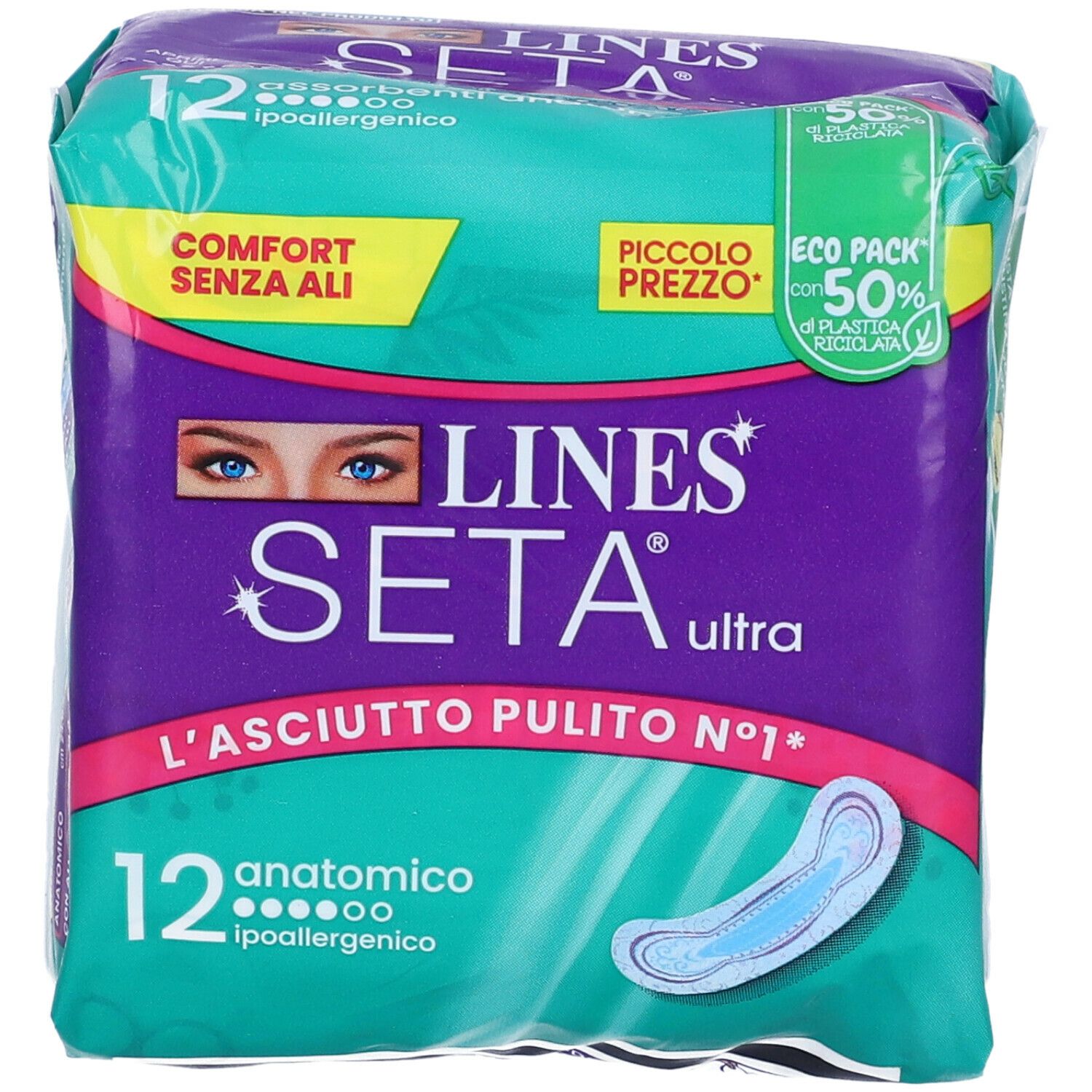 Confezione di 12 assorbenti anatomici ipoallergenici. Marchio LINES Seta Ultra. Confezione verde-viola con immagine del prodotto.