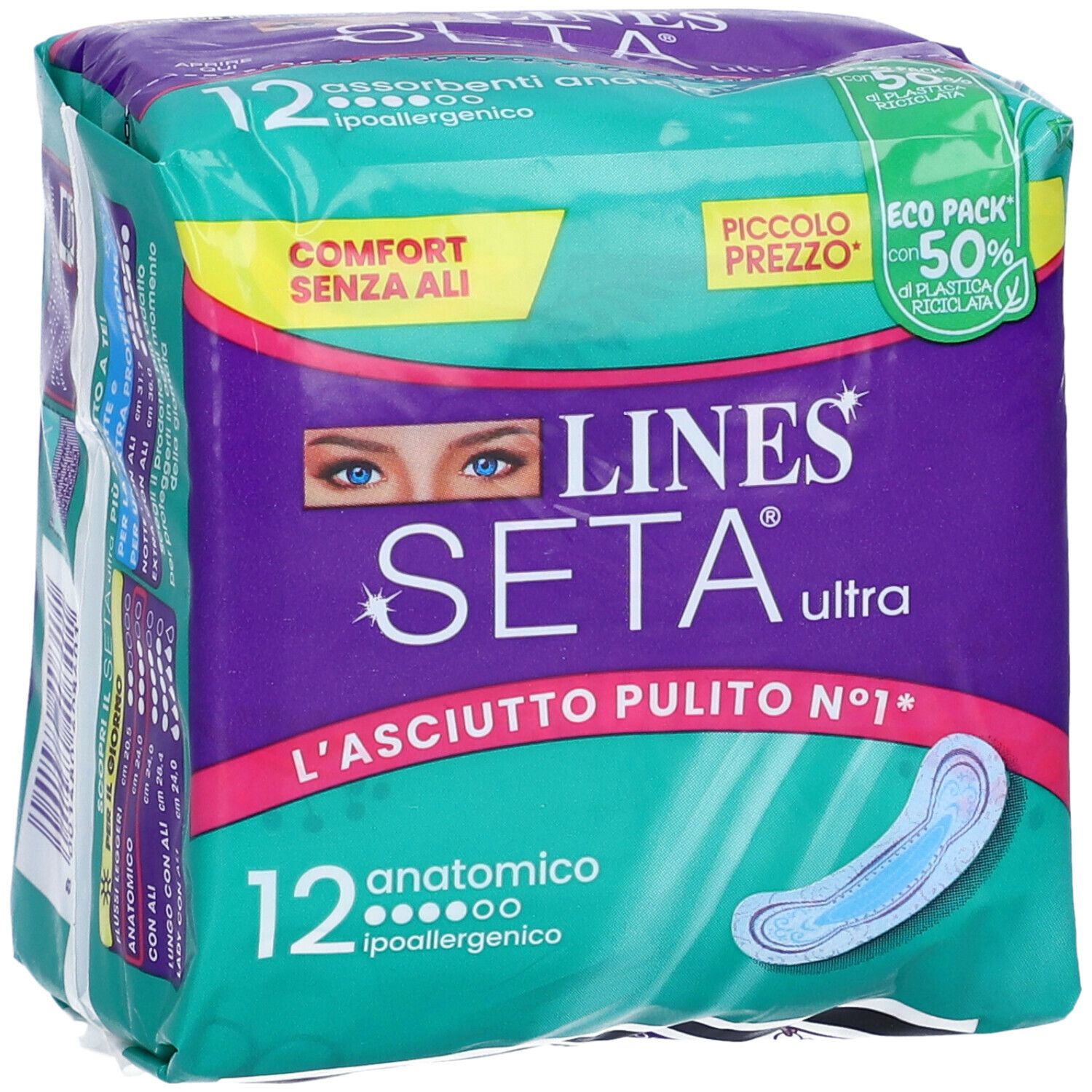 Confezione di 12 assorbenti anatomici ipoallergenici. Marchio LINES Seta Ultra. Confezione verde-viola con immagine del prodotto.