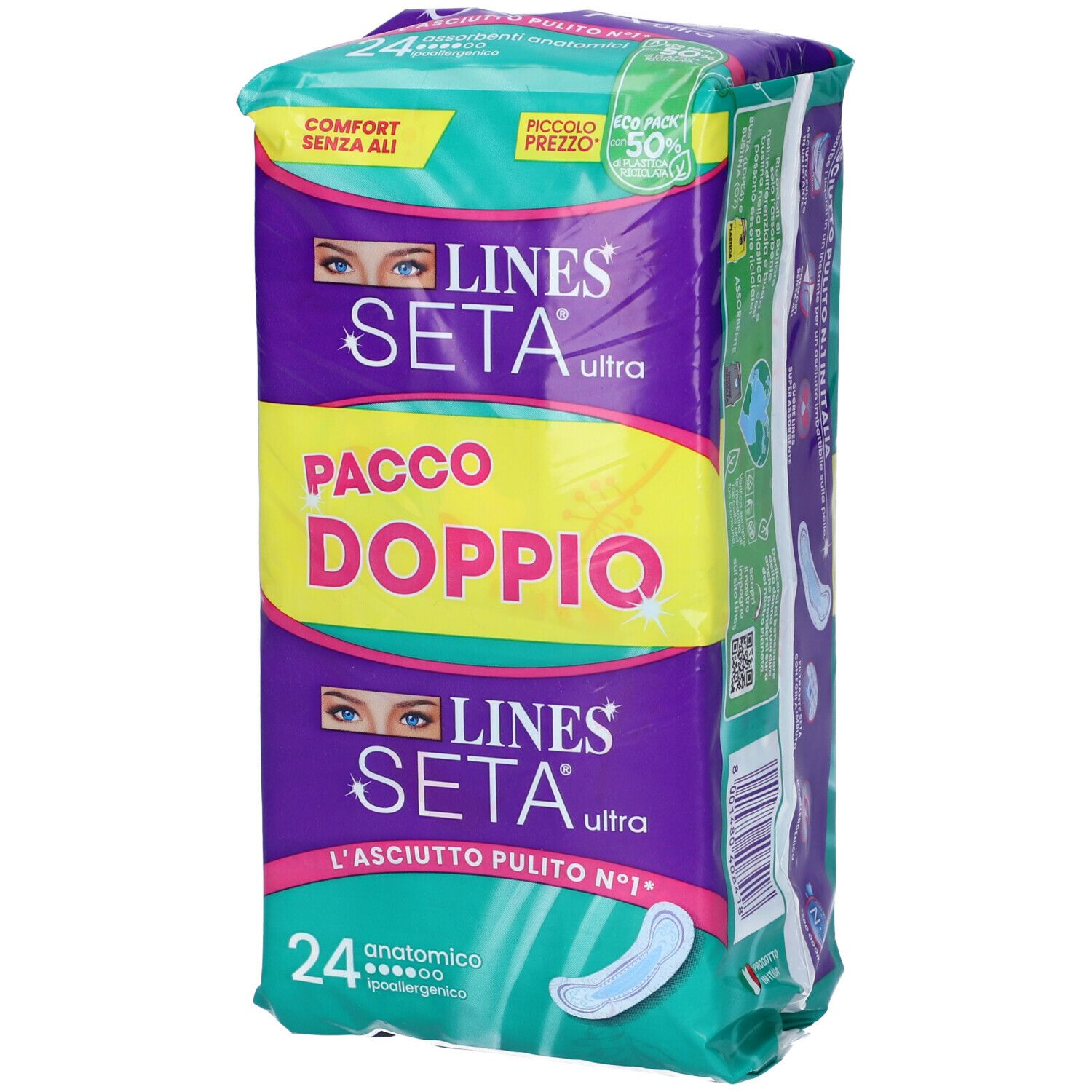 Confezione di LINES Seta Ultra Anatomico. Confezione doppia da 24 pezzi. Verde, viola e giallo. Con grafica occhi.