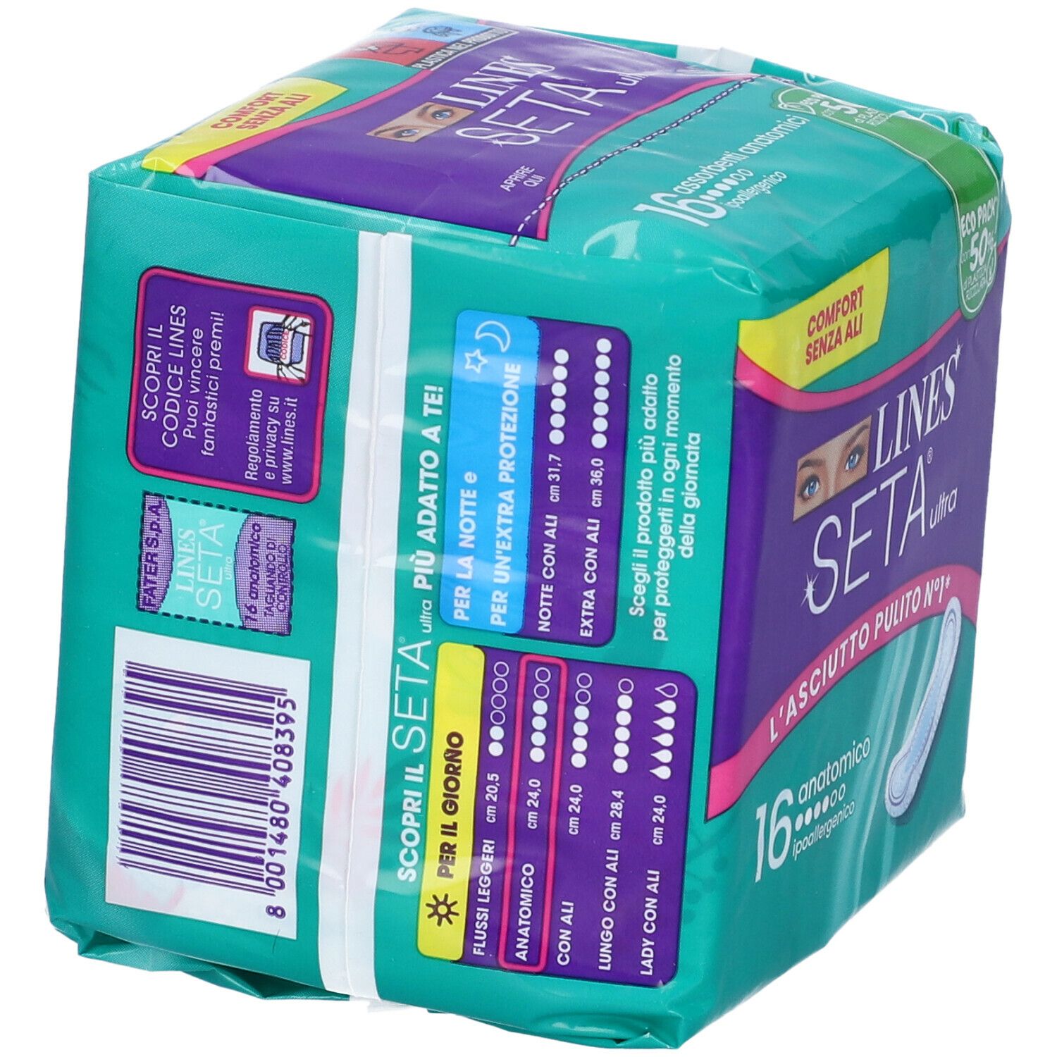 Retro confezione LINES Seta Ultra Anatomico. 16 pezzi. Informazioni taglie e protezione. Comfort senza ali. Eco Pack.