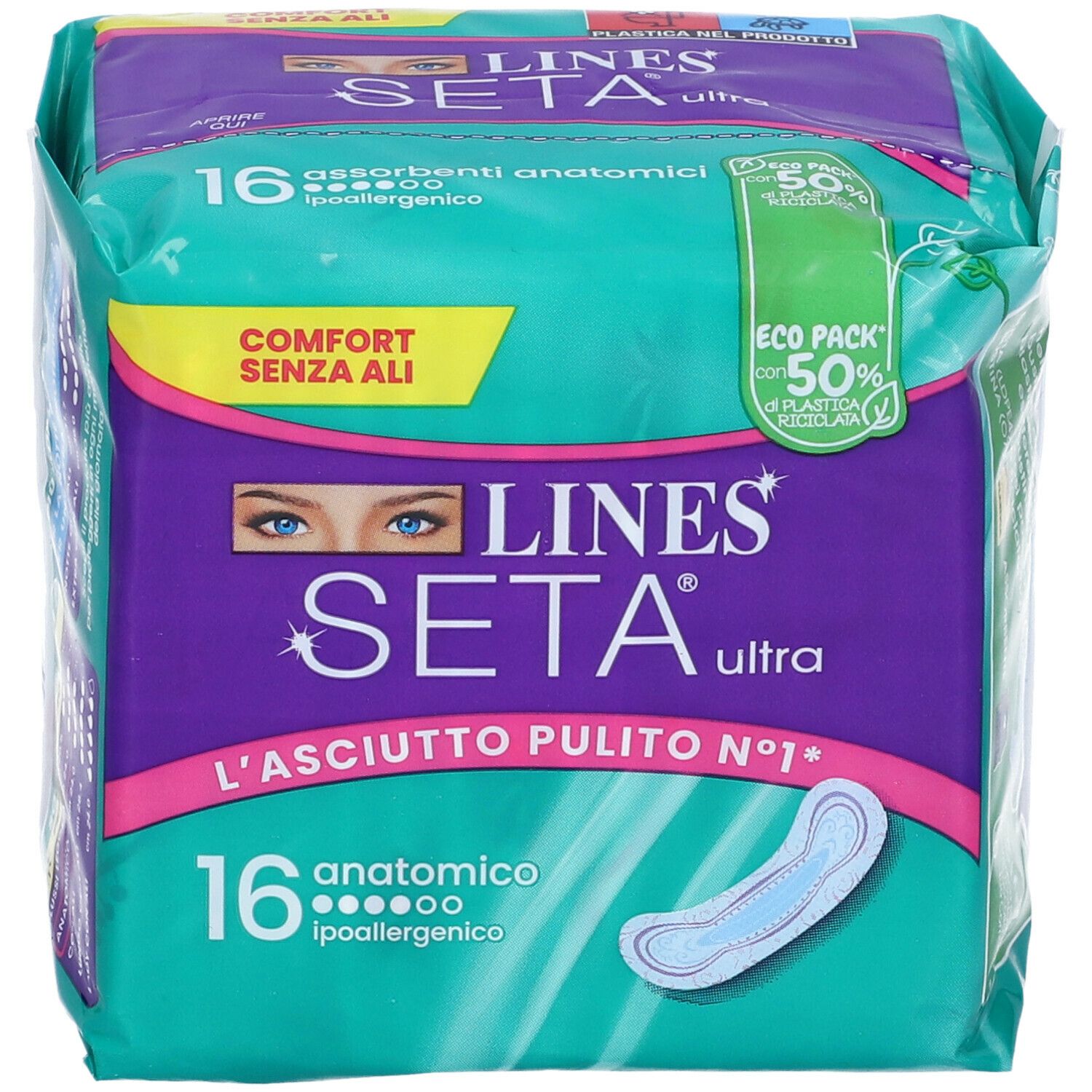 Confezione di LINES Seta Ultra Anatomico. 16 assorbenti anatomici, ipoallergenici. Comfort senza ali. Eco Pack con 50% plastica riciclata.