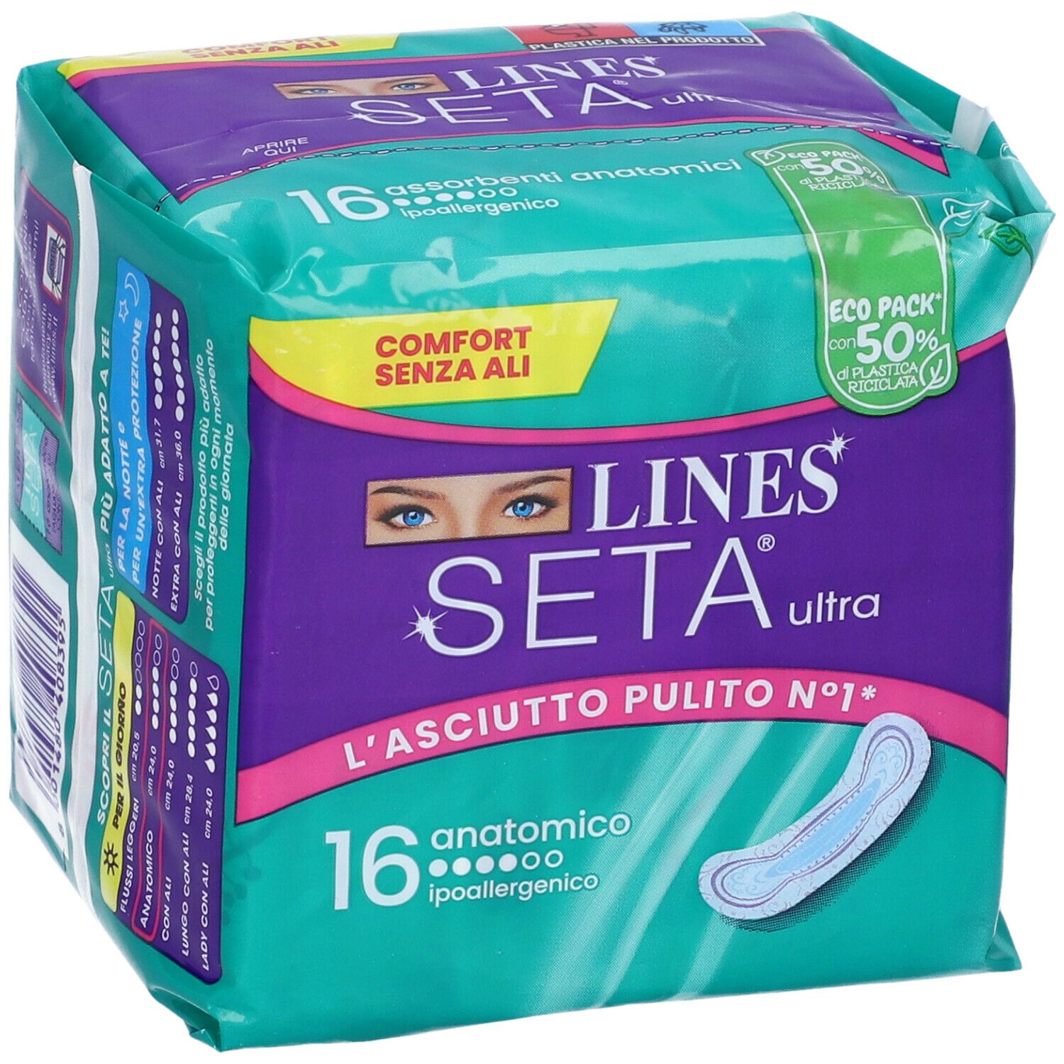 Confezione di LINES Seta Ultra Anatomico. 16 assorbenti anatomici, ipoallergenici. Comfort senza ali. Eco Pack con 50% plastica riciclata.