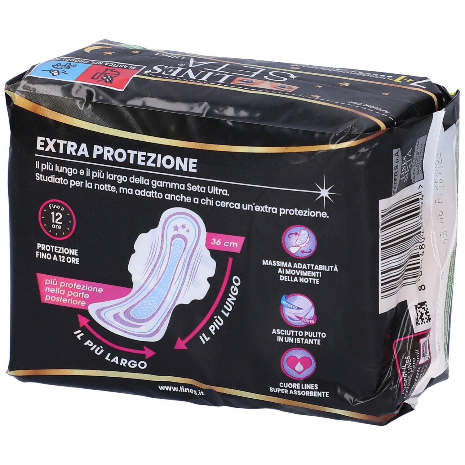 Retro della confezione di LINES Seta Ultra Extra con Ali. Immagine del prodotto, testo e informazioni. Lunghezza 36 cm.