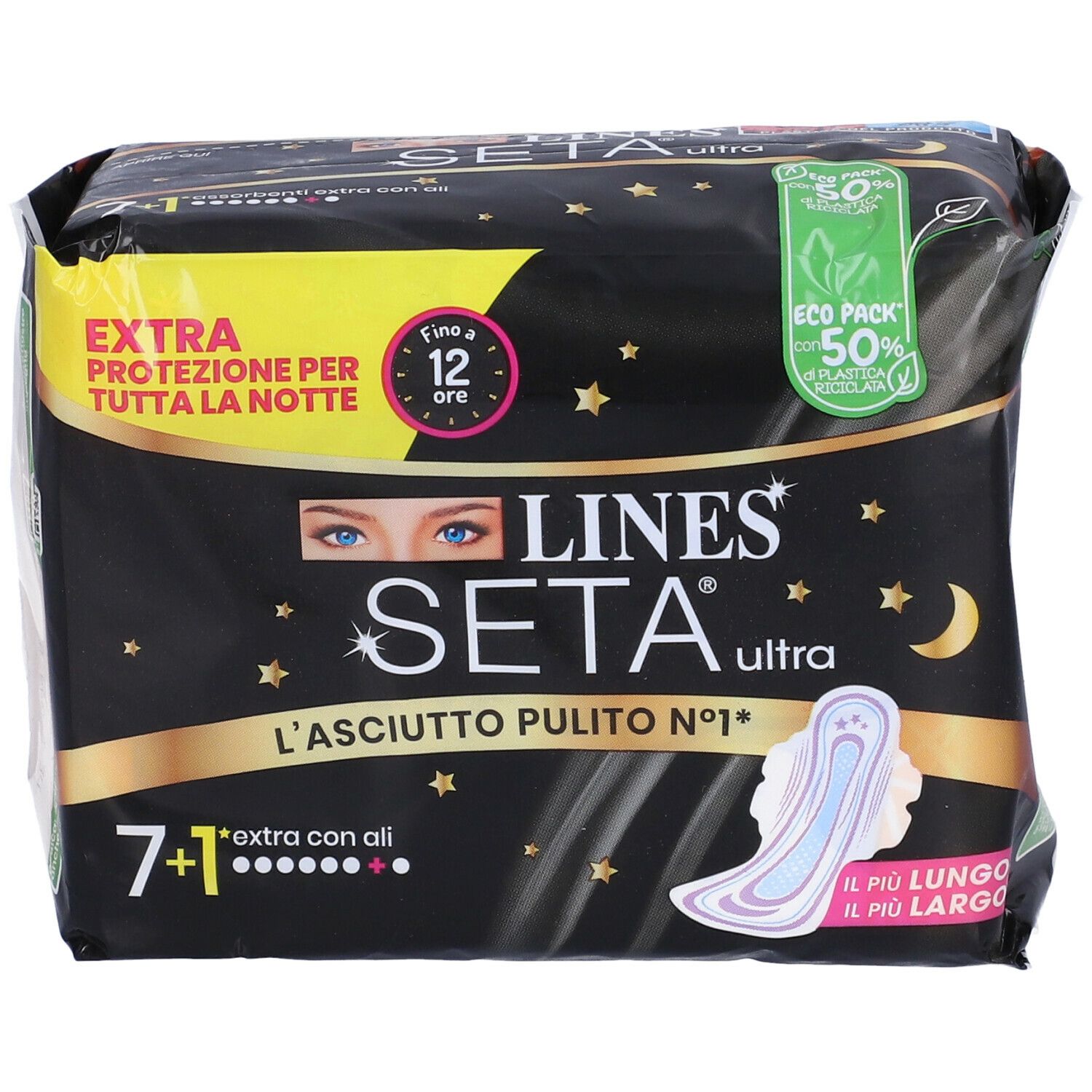 Confezione di LINES Seta Ultra Extra con Ali. Confezione nera con immagine del prodotto e testo. Protezione extra per la notte.