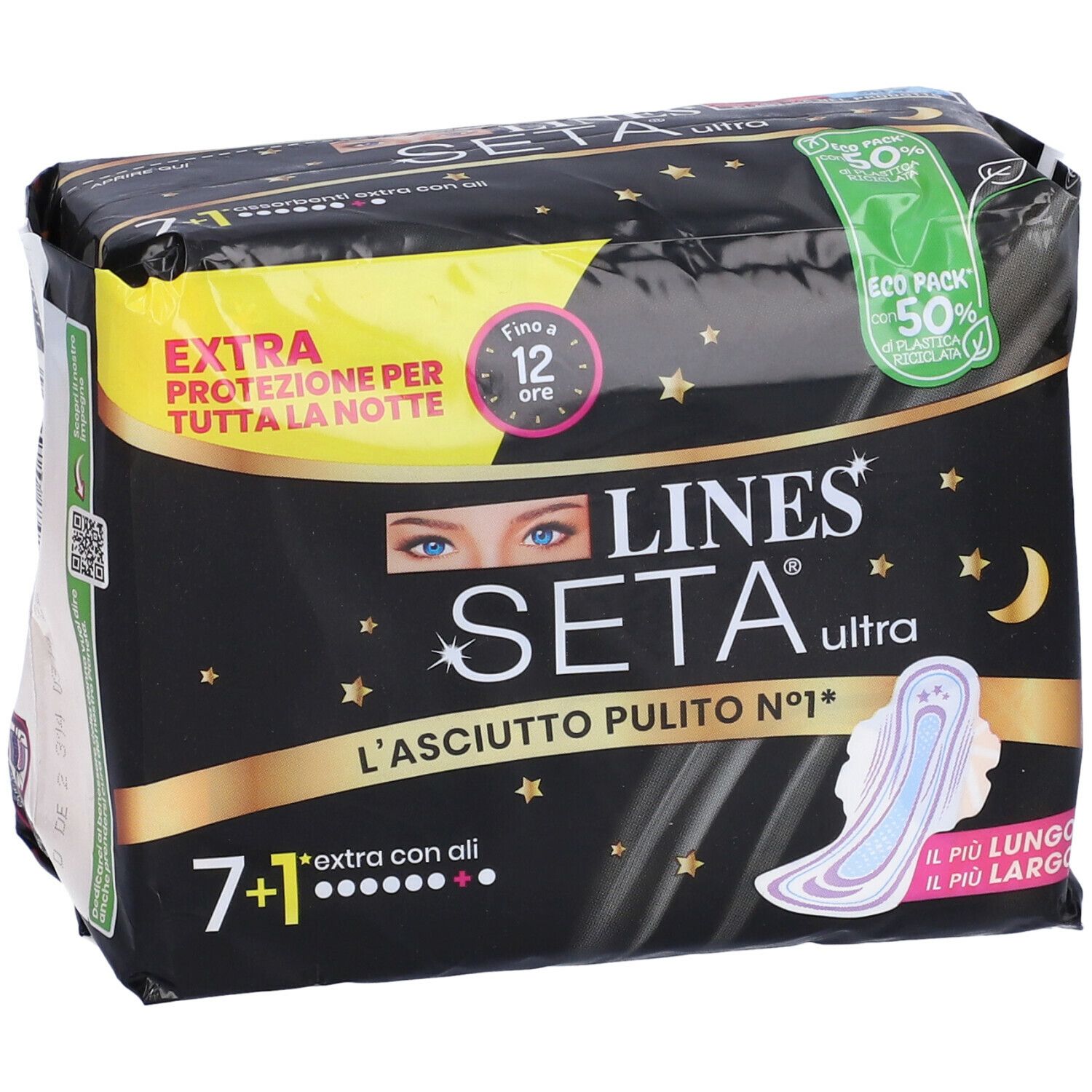 Confezione di LINES Seta Ultra Extra con Ali. Confezione nera con immagine del prodotto e testo. Protezione extra per la notte.