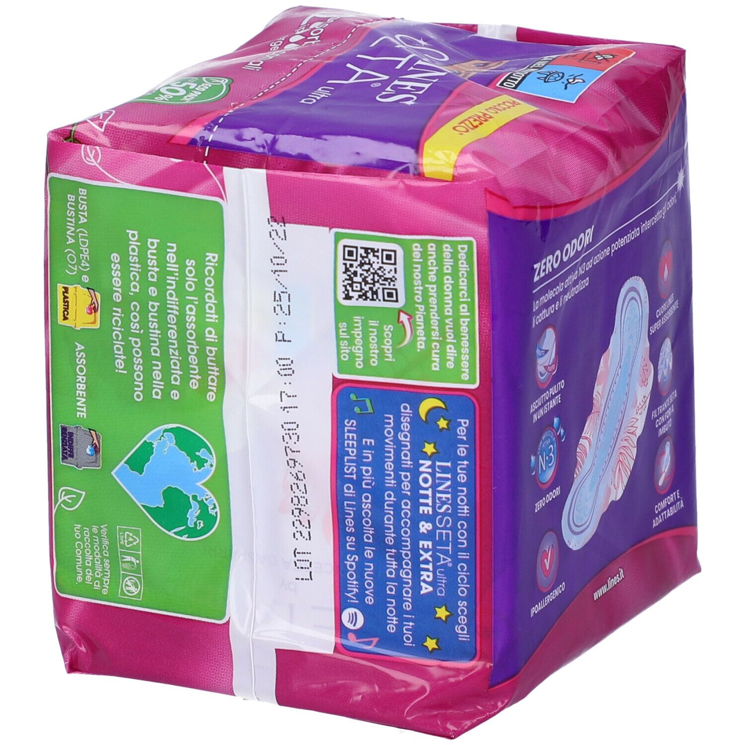 Retro della confezione di assorbenti. Informazioni sulla sostenibilità e codice QR. Rosa-viola.