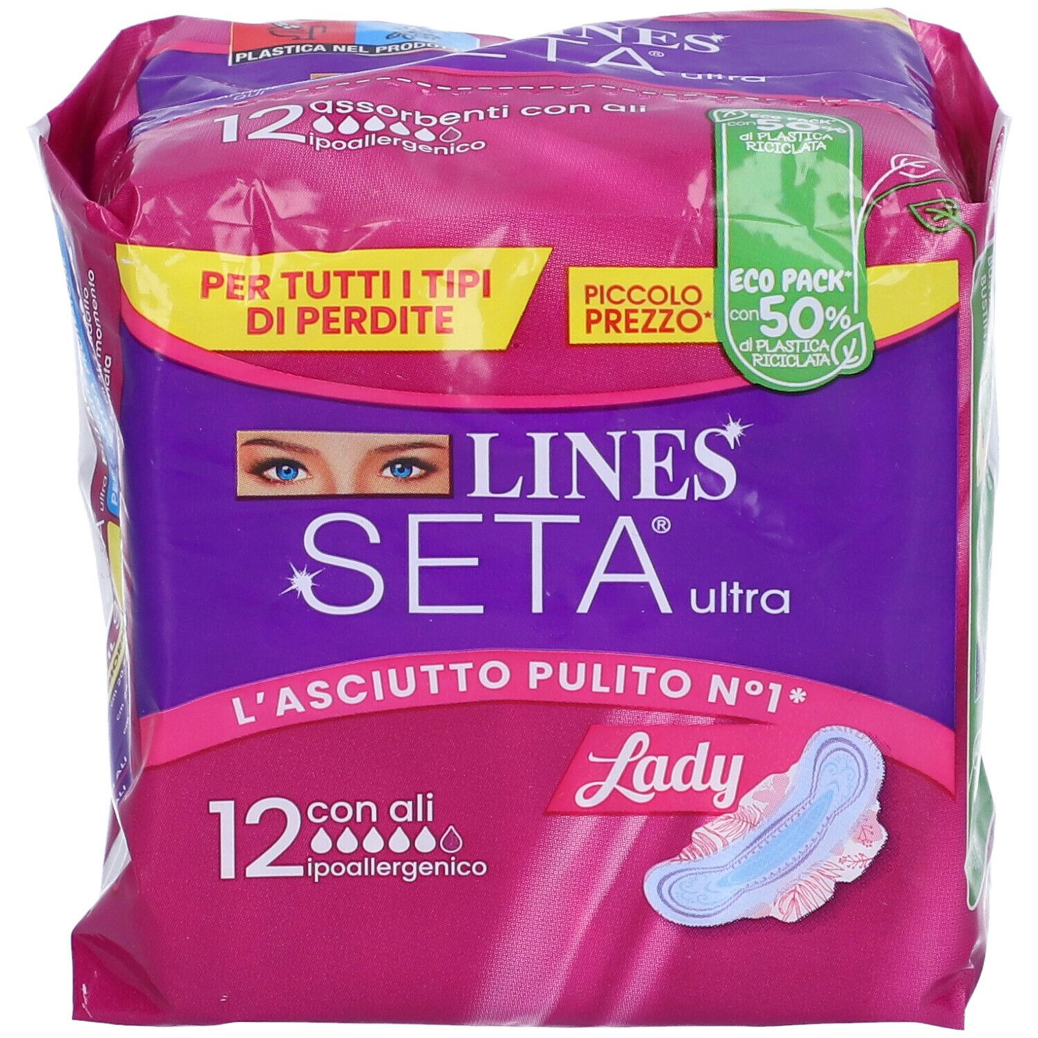 Confezione di assorbenti. Confezione rosa-viola con nome e logo del prodotto. 12 pezzi con ali, ipoallergenici.