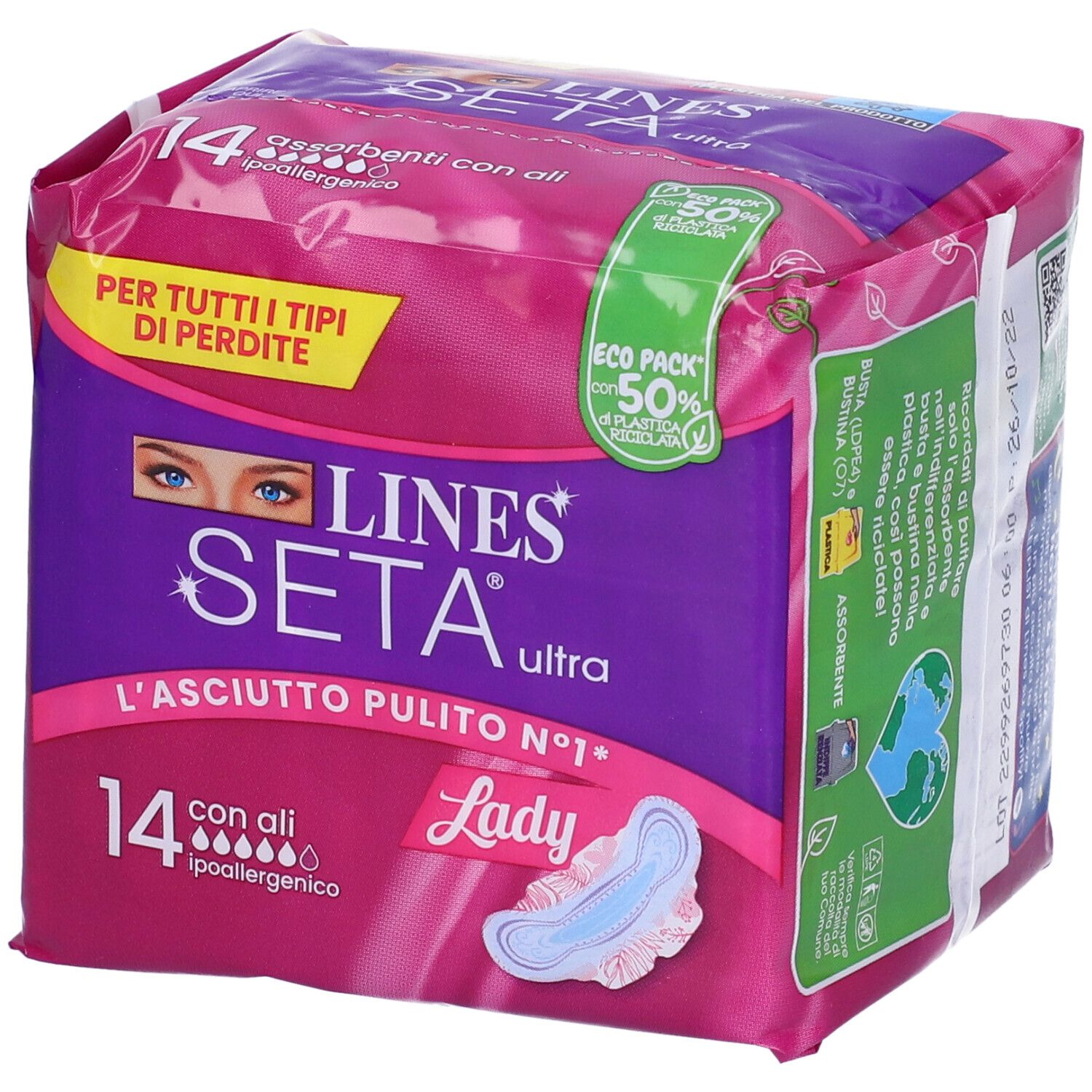 Confezione LINES Seta Ultra Lady. 14 assorbenti con ali, ipoallergenici. Eco Pack con 50% di plastica riciclata.