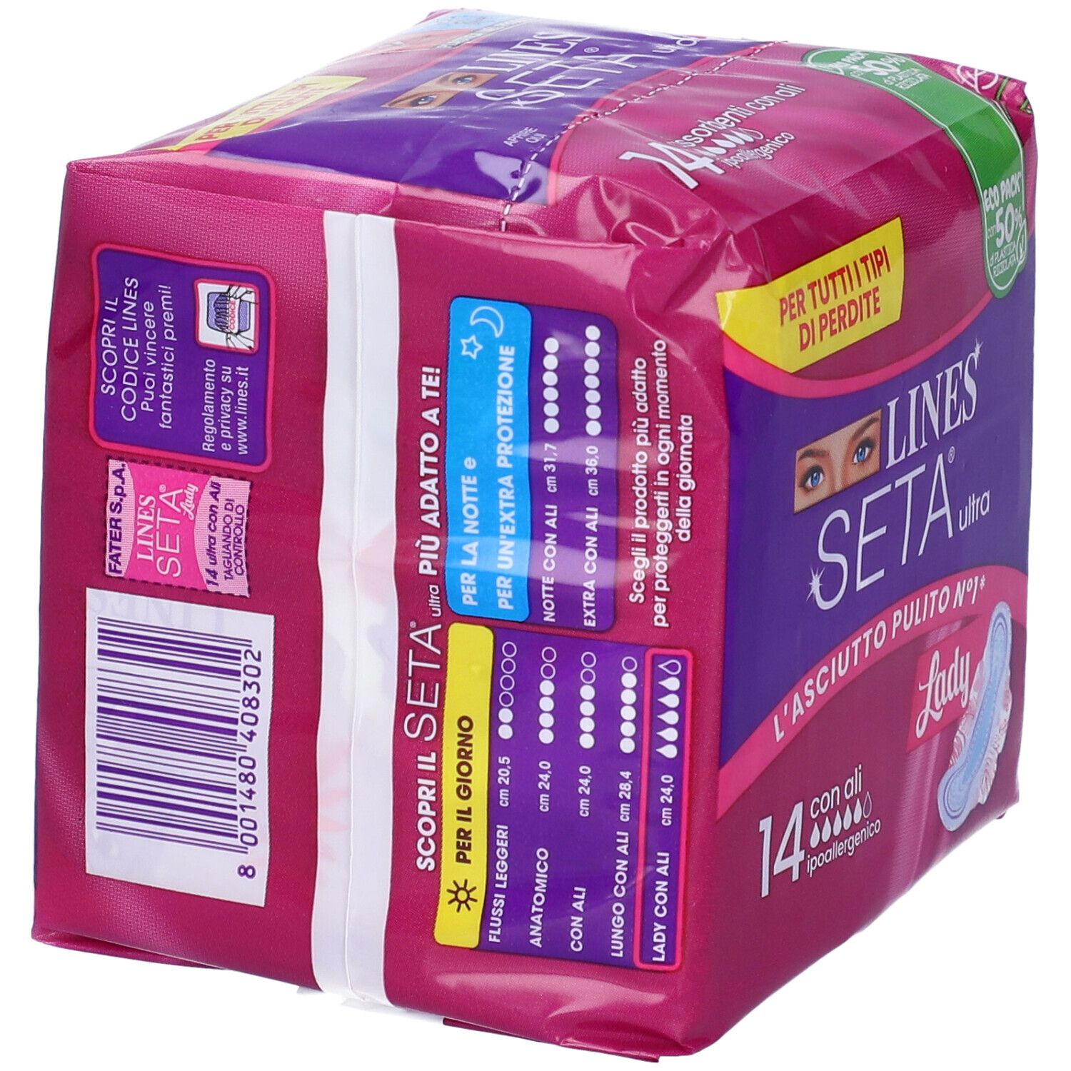 Confezione LINES Seta Ultra Lady. Informazioni sui diversi livelli di assorbenza e utilizzi.