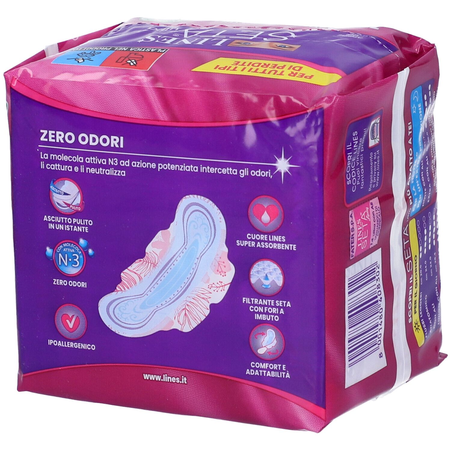 Confezione LINES Seta Ultra Lady. Caratteristiche del prodotto: Zero Odori, super assorbente, ipoallergenico, comfort.