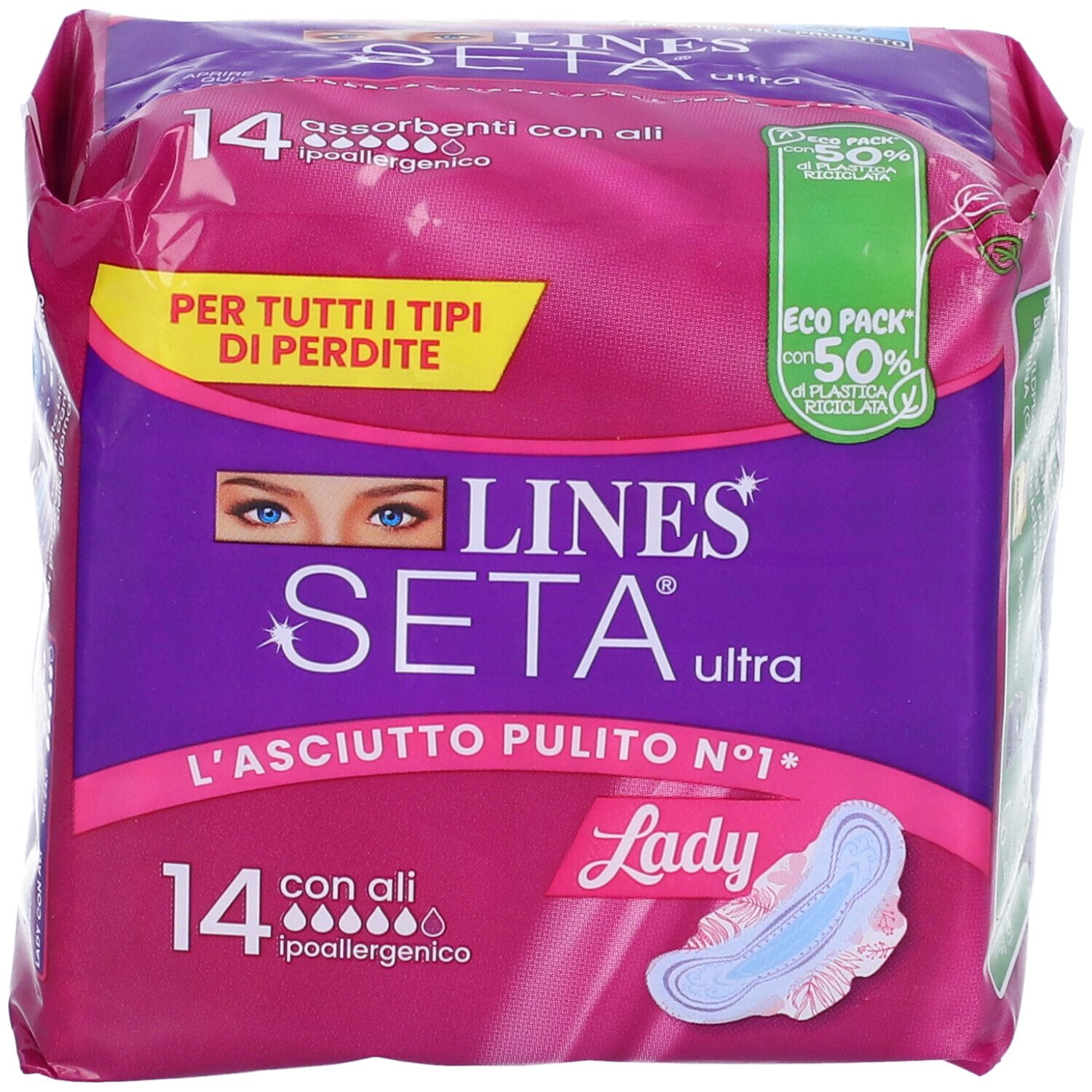 Confezione LINES Seta Ultra Lady. 14 assorbenti con ali, ipoallergenici. Eco Pack con 50% di plastica riciclata.