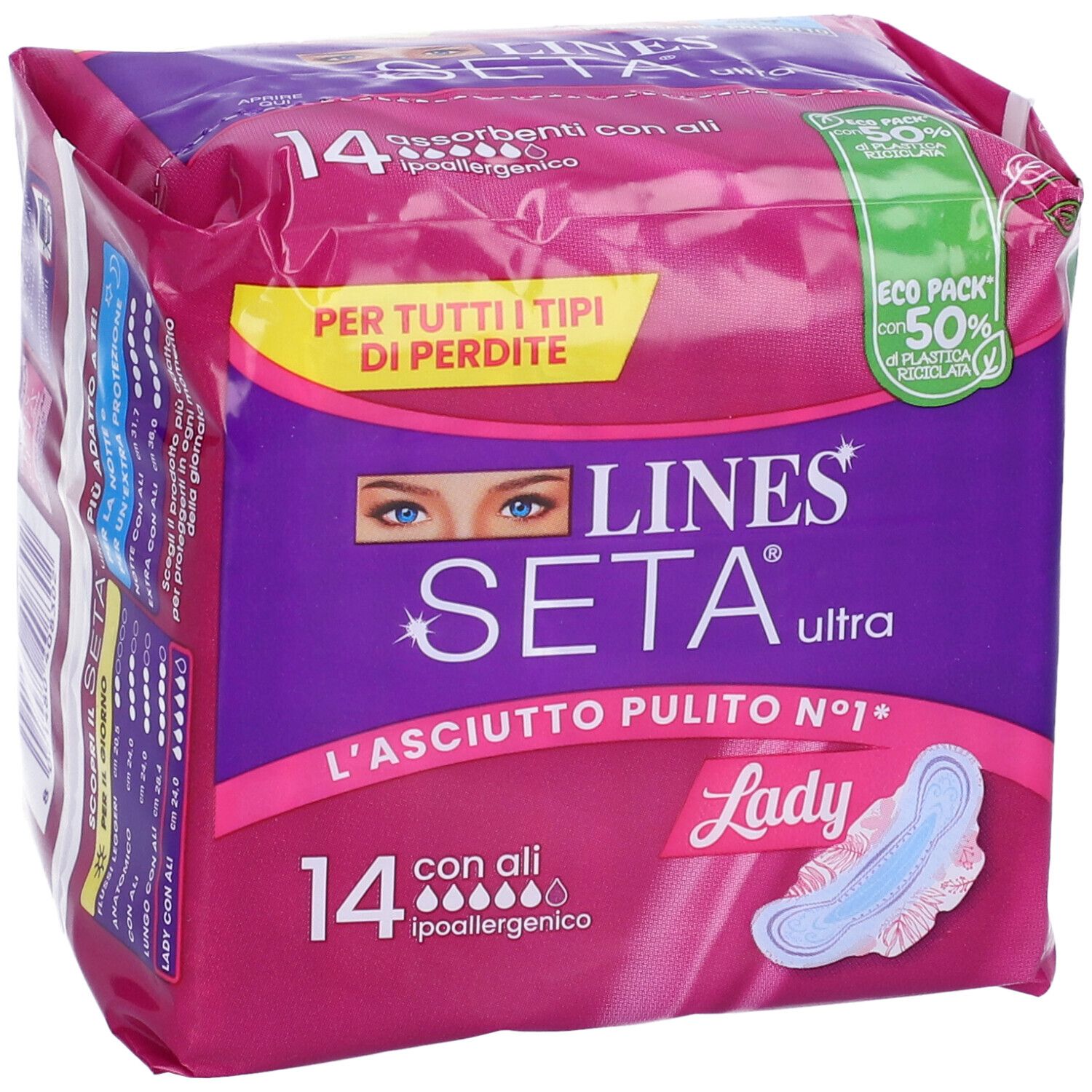 Confezione LINES Seta Ultra Lady. 14 assorbenti con ali, ipoallergenici. Eco Pack con 50% di plastica riciclata.