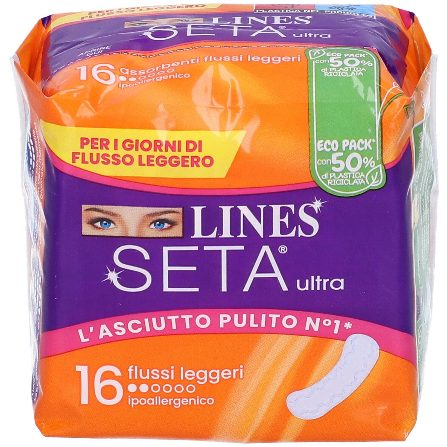 Confezione da 16 assorbenti. Confezione arancione-viola con nome e caratteristiche del prodotto. Visibile: nome del prodotto, quantità e logo.