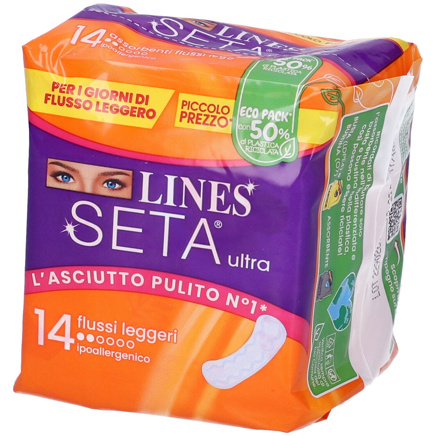Confezione da 14 assorbenti. Confezione arancione e viola con nome e caratteristiche del prodotto. Immagine di un assorbente.