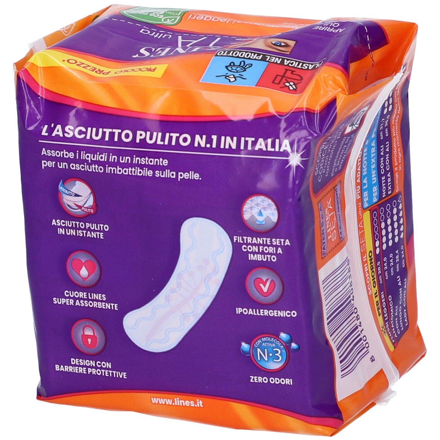 Confezione con caratteristiche del prodotto. Immagine di un assorbente. Testo: 'L'asciutto pulito N.1 in Italia'.