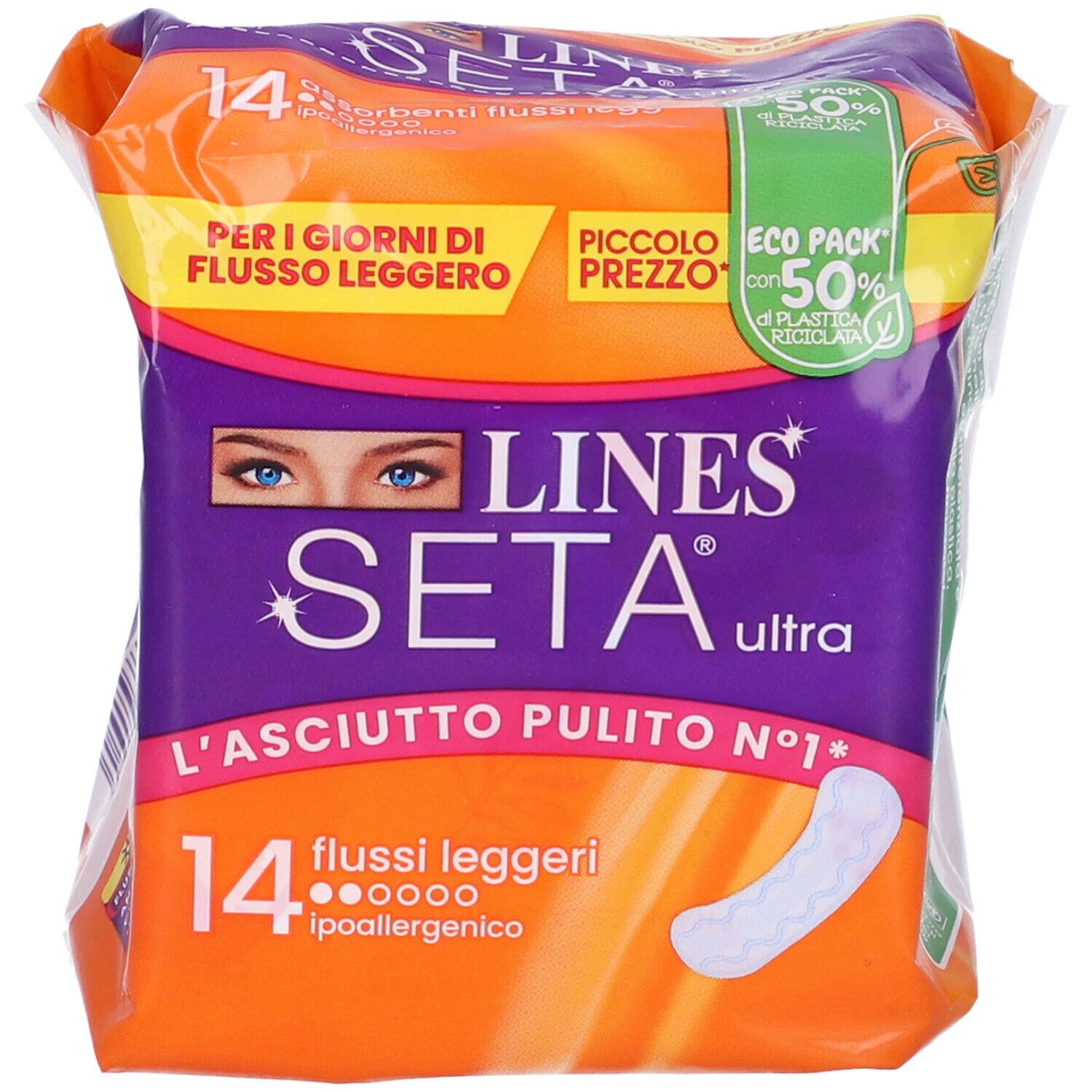 Confezione da 14 assorbenti. Confezione arancione e viola con nome e caratteristiche del prodotto. Immagine di un assorbente.