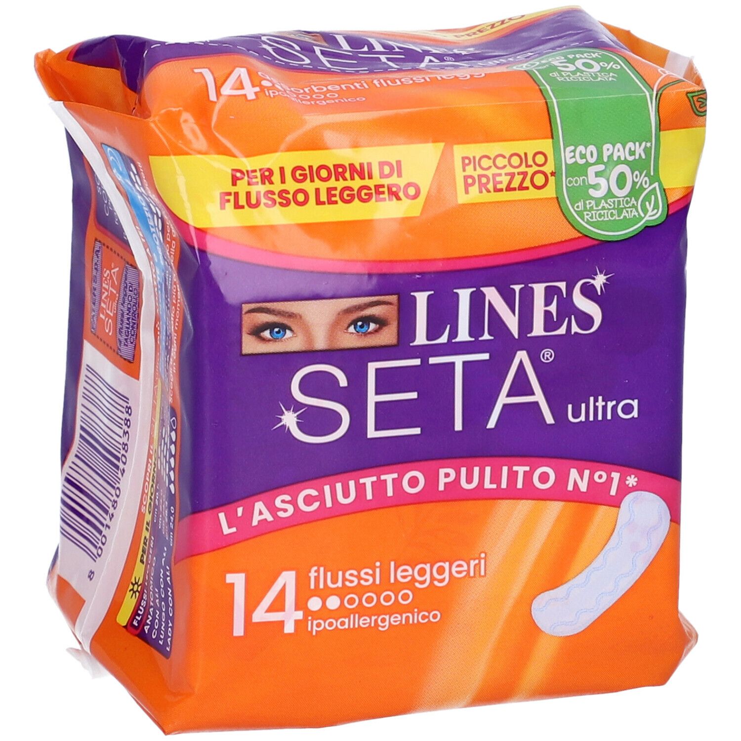Confezione da 14 assorbenti. Confezione arancione e viola con nome e caratteristiche del prodotto. Immagine di un assorbente.
