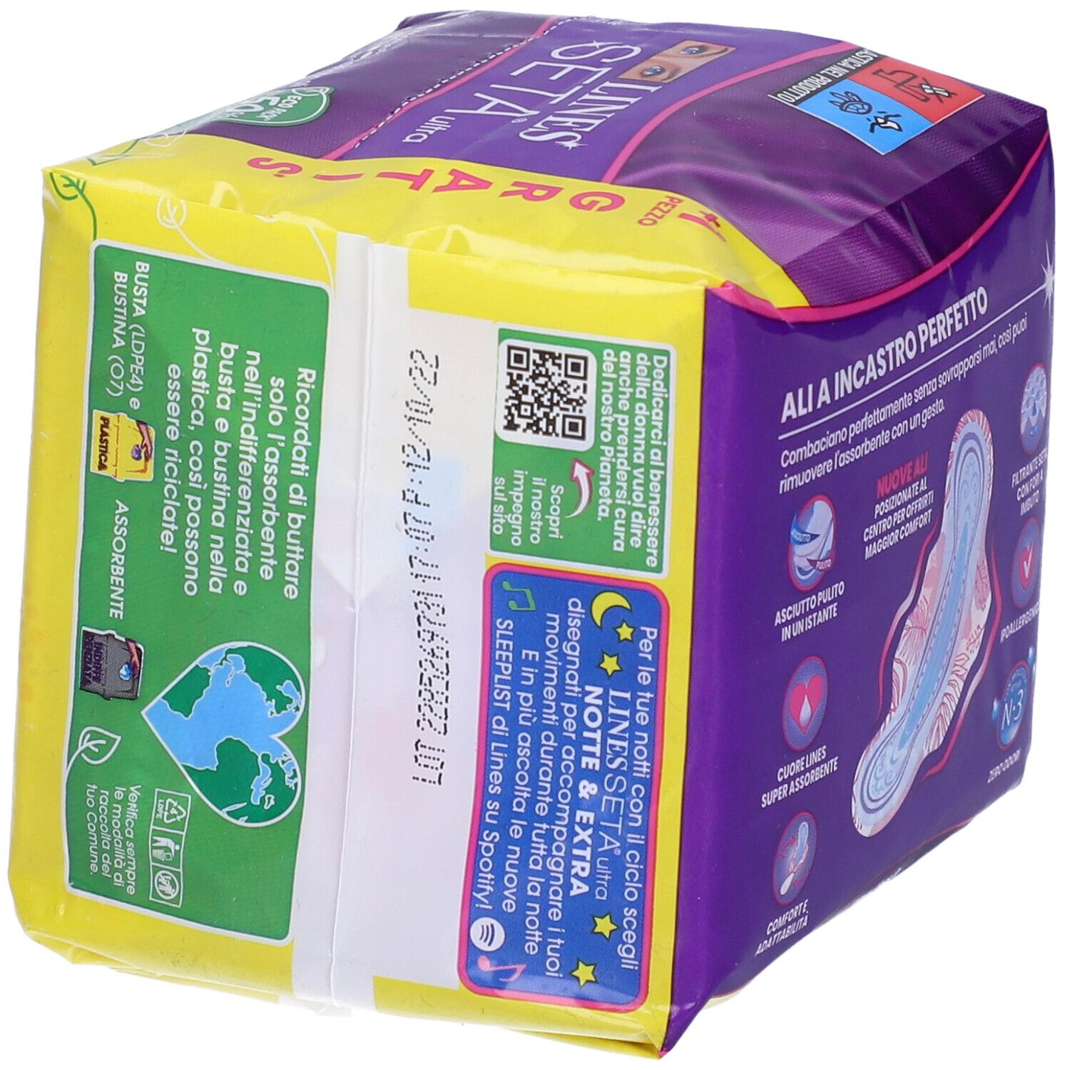 Lato confezione LINES Seta Ultra con testo e codice QR. Contiene 11+1 pezzi. Con ali.