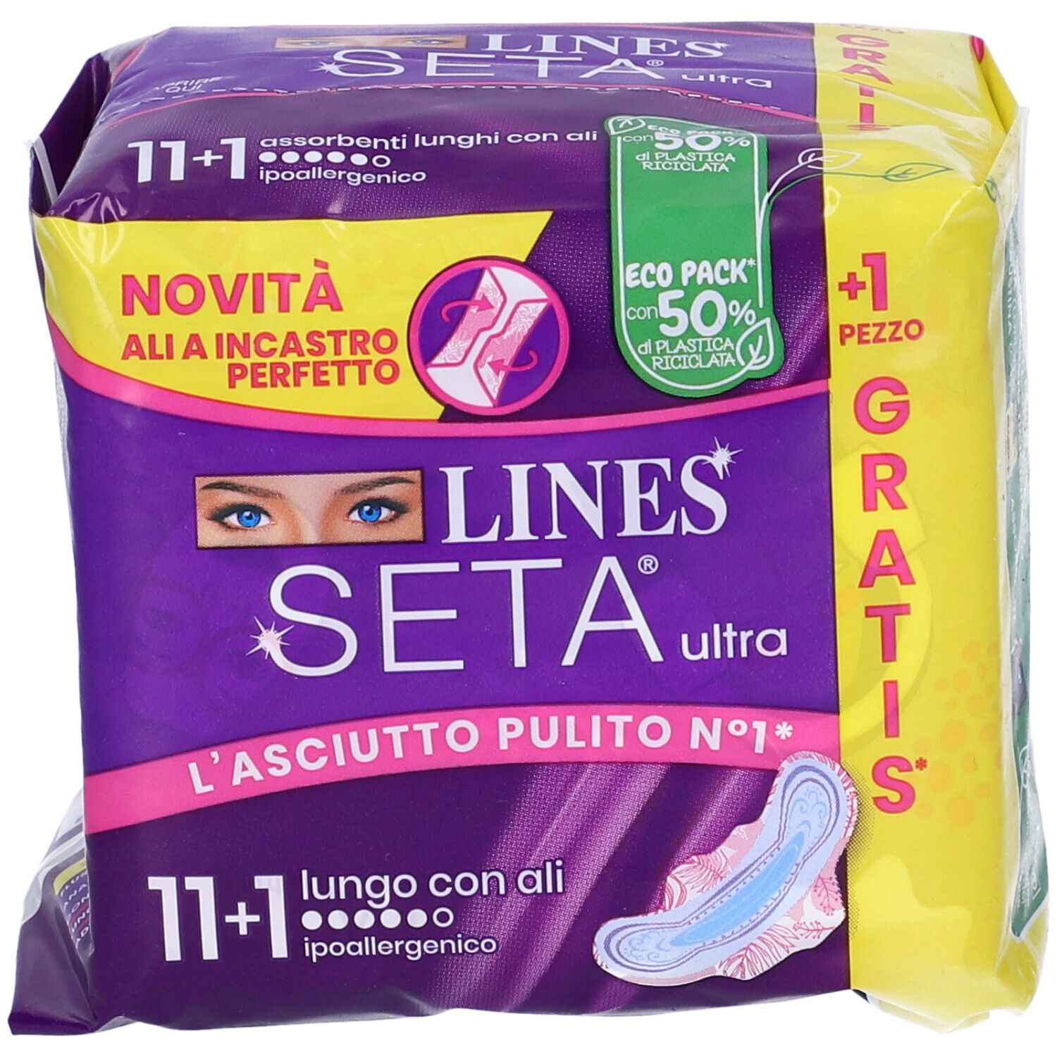 Confezione di LINES Seta Ultra, con immagine del prodotto e testo. Contiene 11+1 pezzi. Con ali, ipoallergenico.