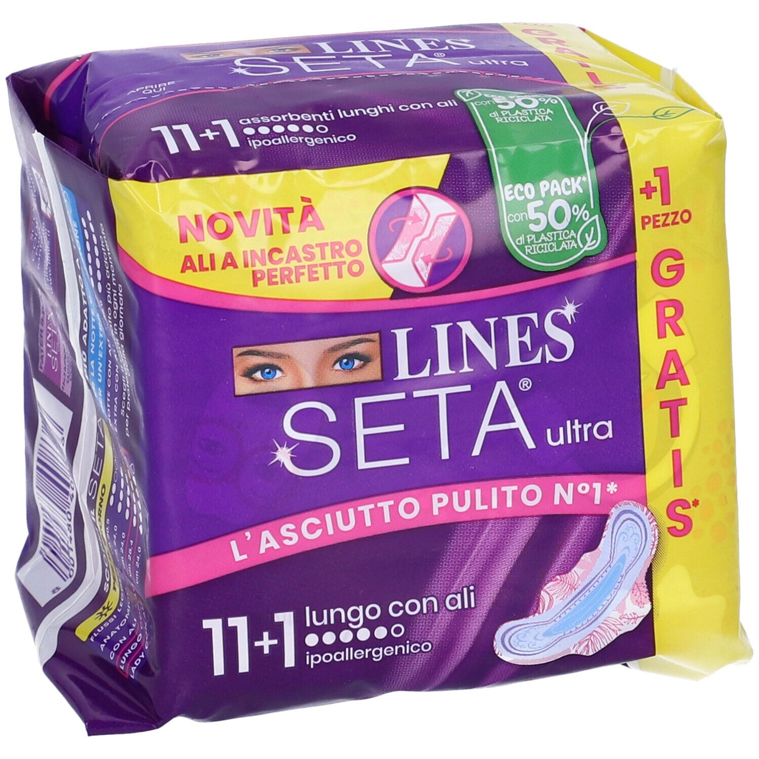 Confezione di LINES Seta Ultra, con immagine del prodotto e testo. Contiene 11+1 pezzi. Con ali, ipoallergenico.