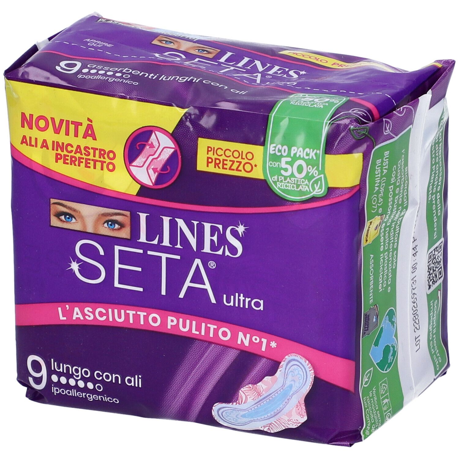 Confezione di assorbenti. Confezione viola con nome e logo del prodotto. Contiene 9 assorbenti con ali. Ipoallergenico.