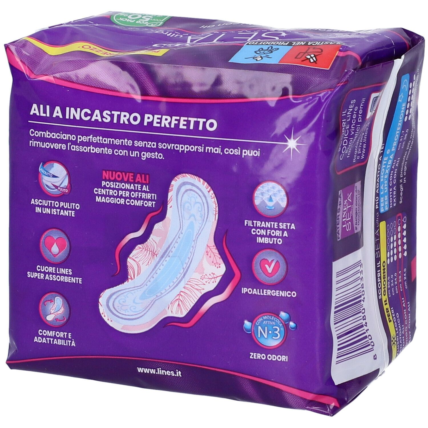 Confezione di assorbenti. Confezione viola con nome e logo del prodotto. Contiene 9 assorbenti con ali. Caratteristiche del prodotto illustrate.