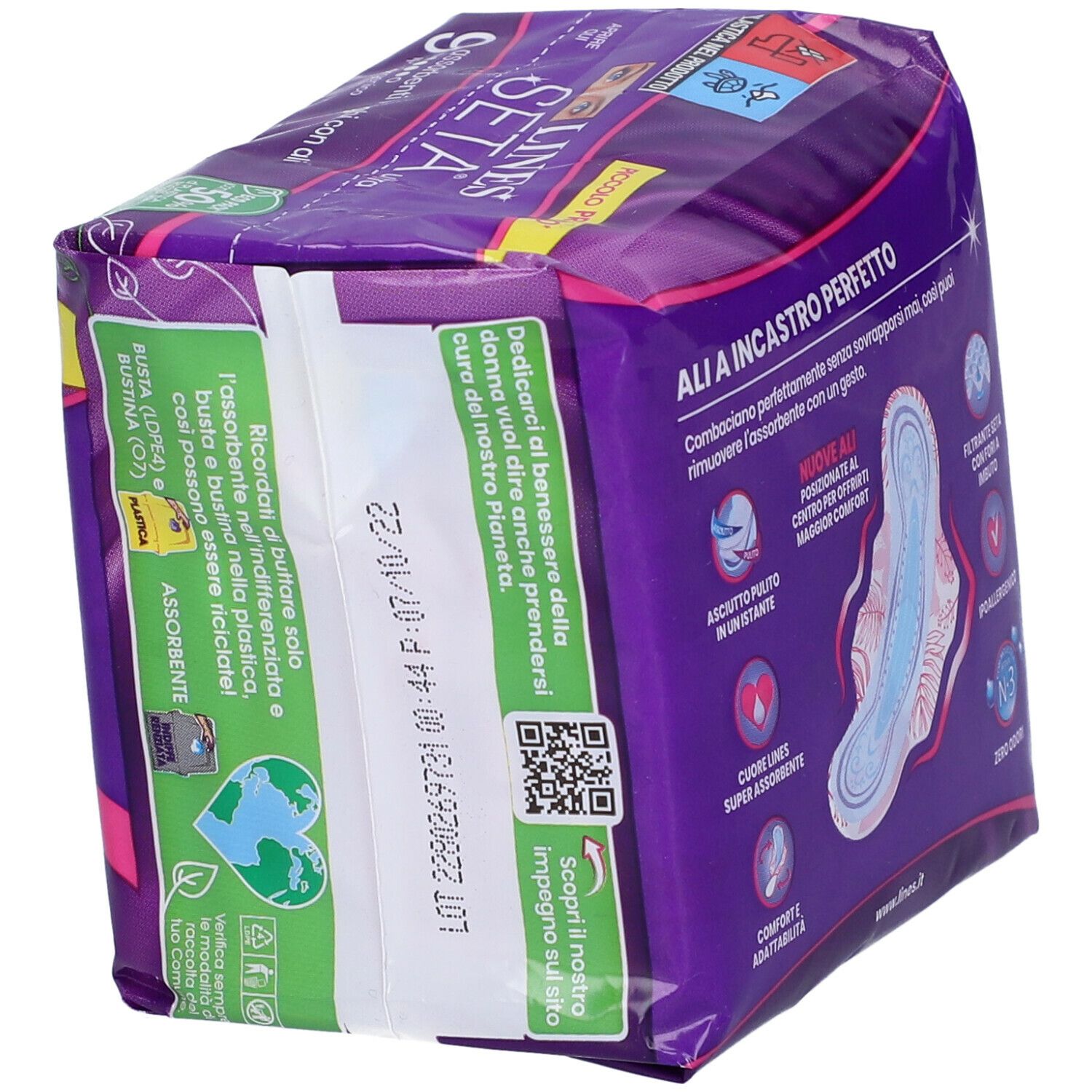 Confezione di assorbenti. Confezione viola con nome e logo del prodotto. Contiene 9 assorbenti con ali. Informazioni sulla sostenibilità.