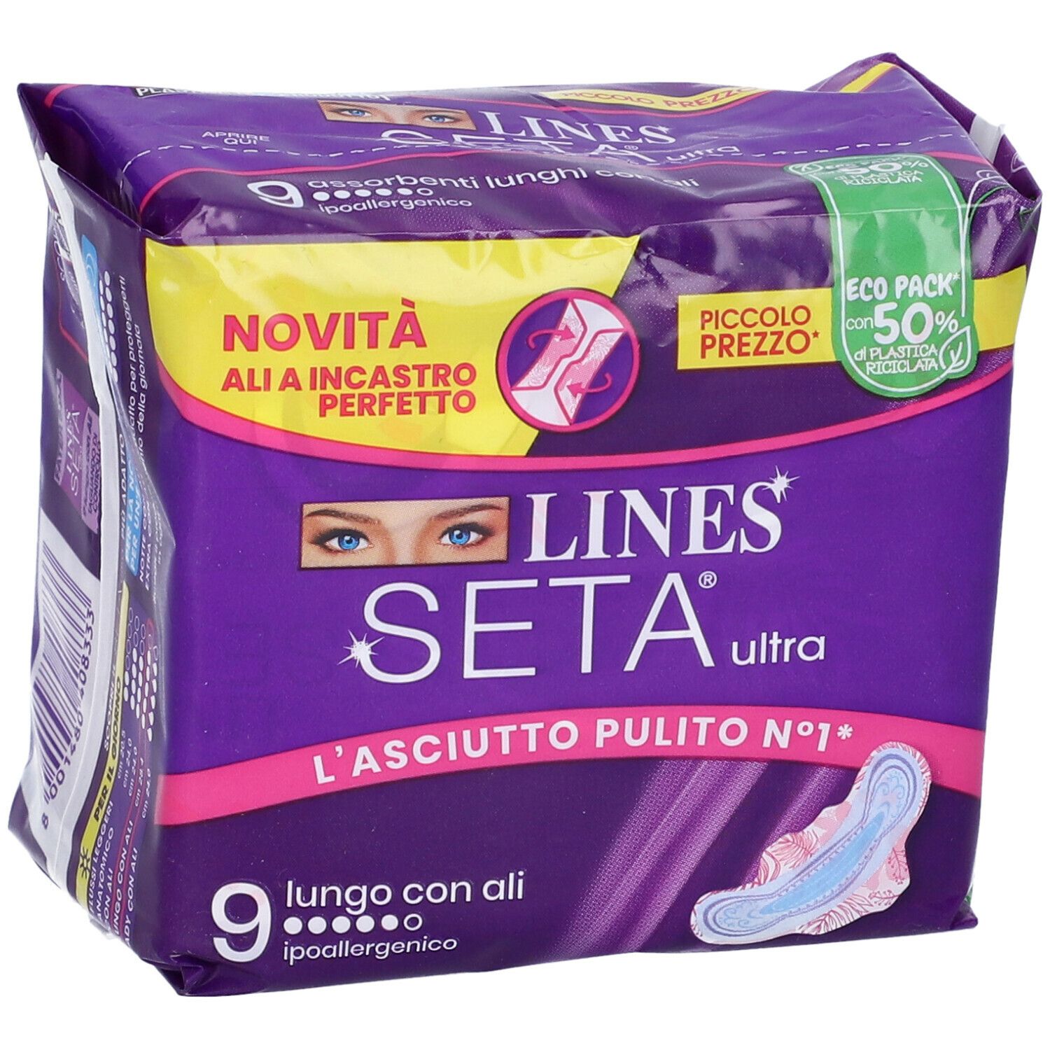 Confezione di assorbenti. Confezione viola con nome e logo del prodotto. Contiene 9 assorbenti con ali. Ipoallergenico.