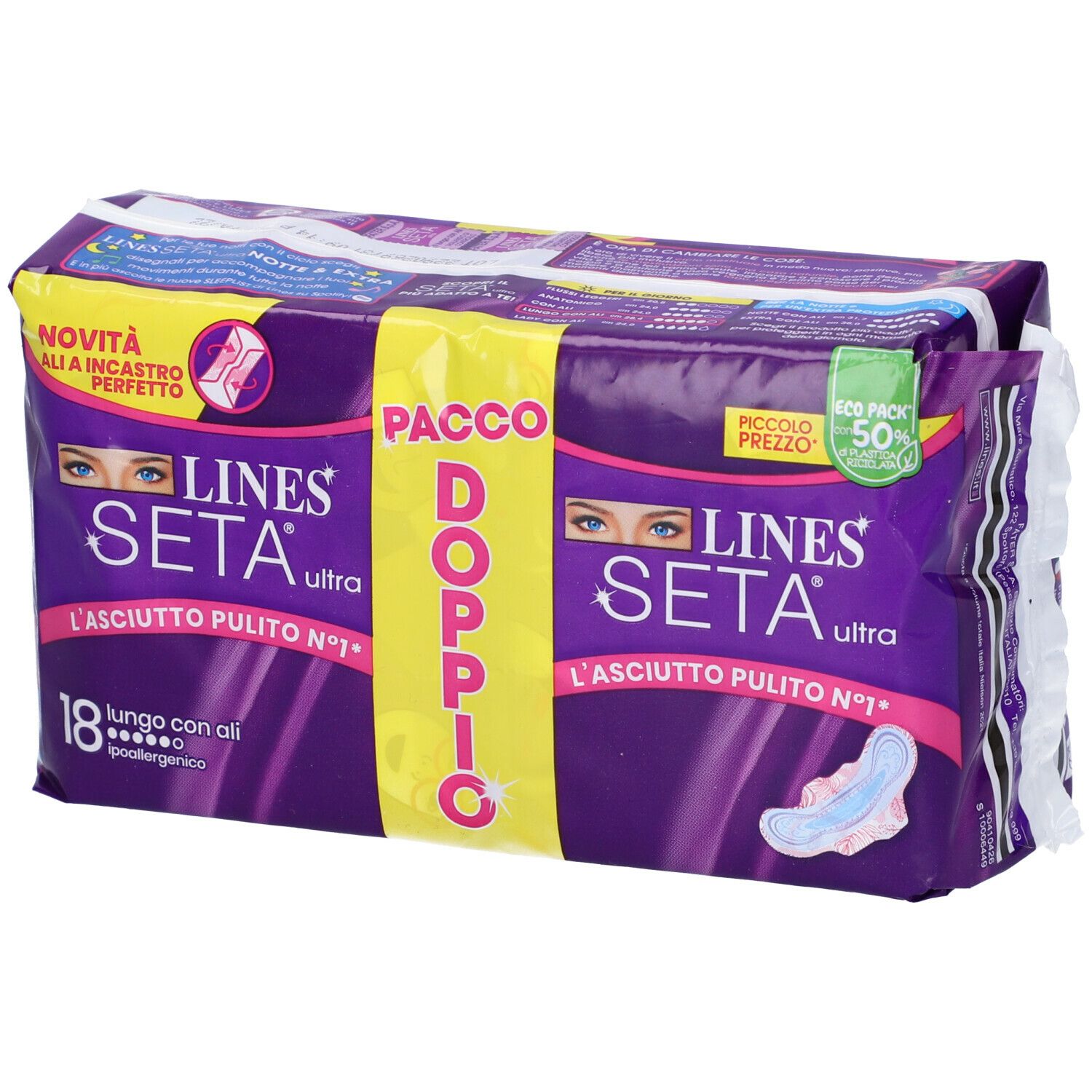 Confezione di LINES Seta Ultra Lungo con Ali. Confezione viola con logo e testo del prodotto. 18 pezzi.