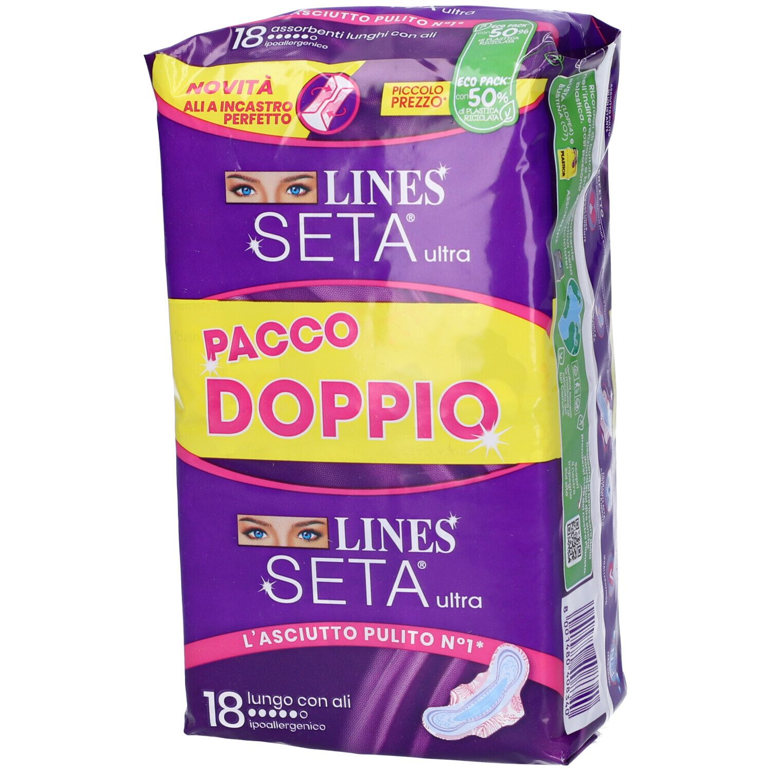 Confezione di LINES Seta Ultra Lungo con Ali. Confezione viola con logo e testo del prodotto. 18 pezzi.