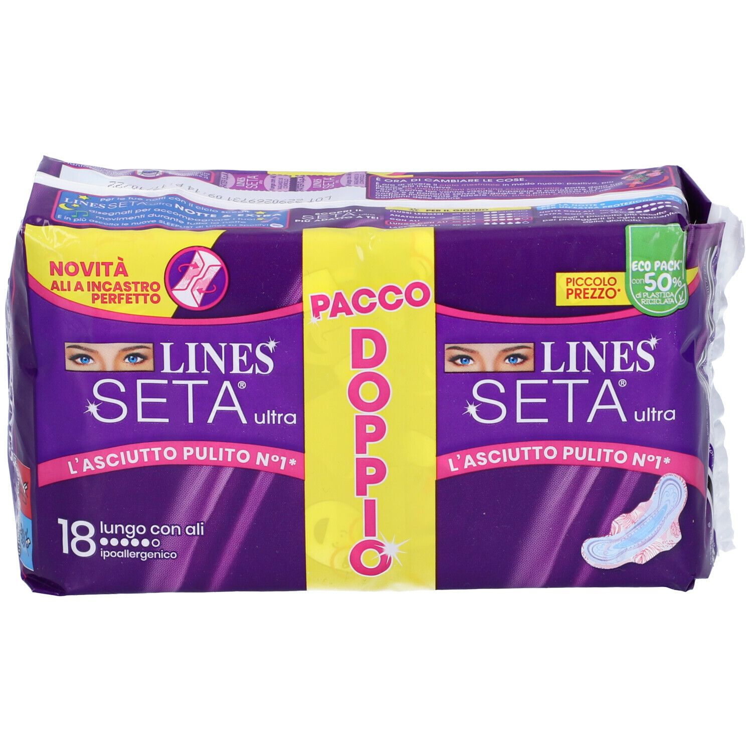 Confezione di LINES Seta Ultra Lungo con Ali. Confezione viola con logo e testo del prodotto. 18 pezzi.