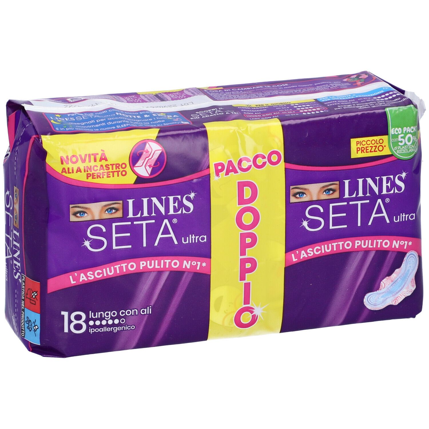 Confezione di LINES Seta Ultra Lungo con Ali. Confezione viola con logo e testo del prodotto. 18 pezzi.