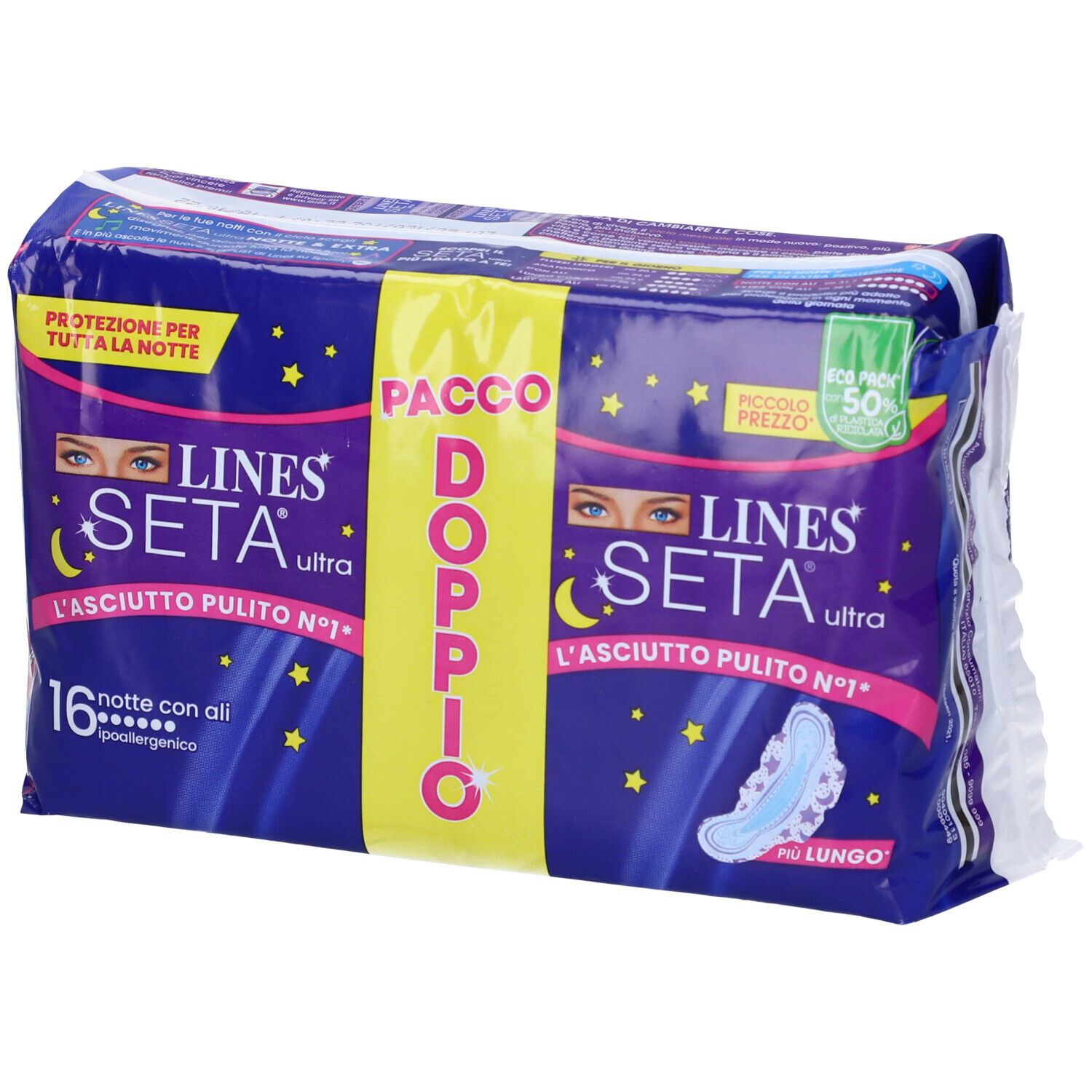 Verpackung mit Damenbinden. Lila-gelbes Design mit Produktnamen und Merkmalen. 16 Stück, mit Flügeln.