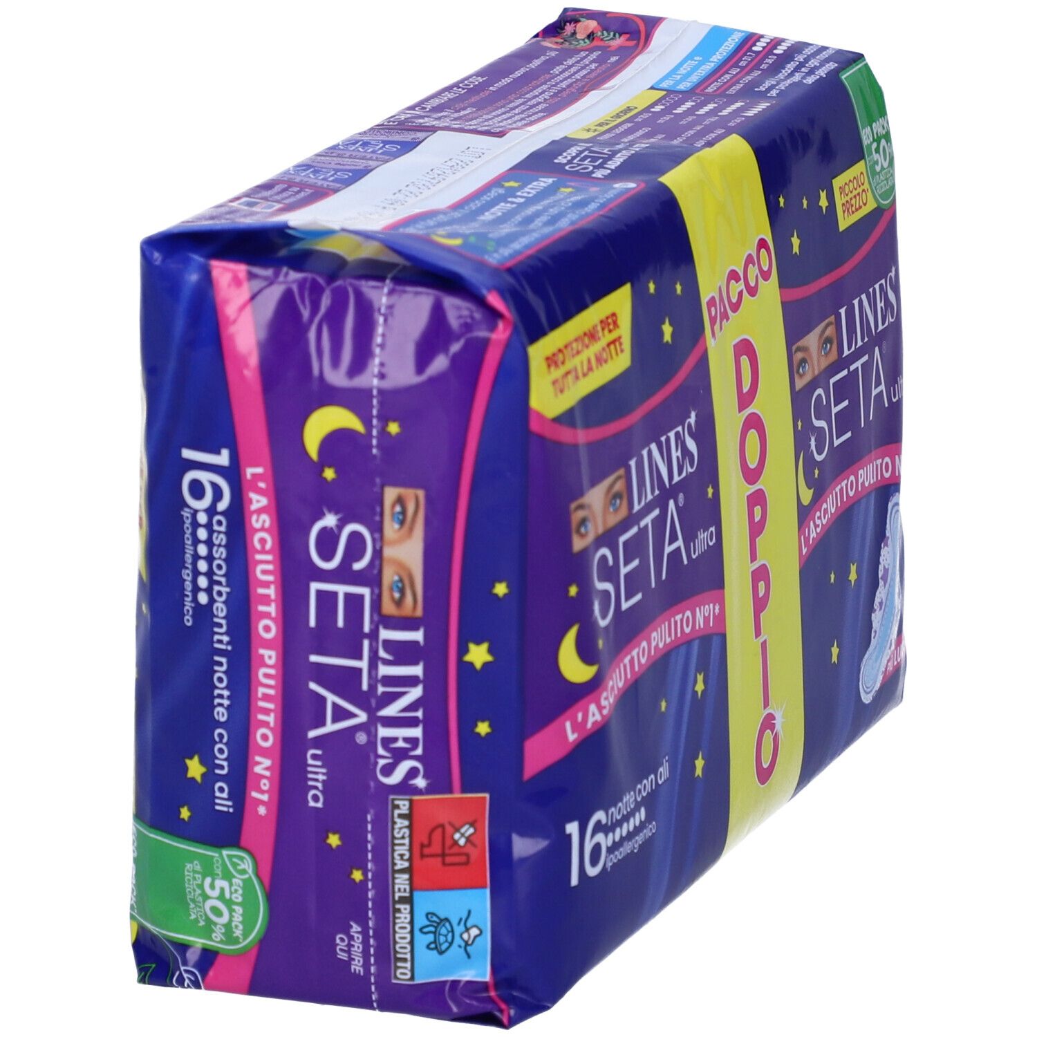 Verpackung mit Damenbinden, schräg. Lila-gelbes Design mit Produktnamen und Merkmalen. 16 Stück, mit Flügeln.