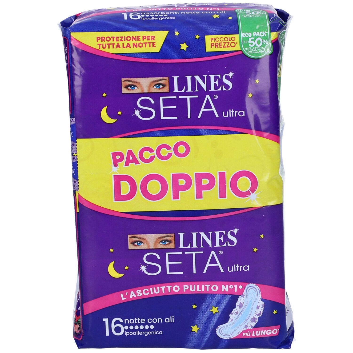 Verpackung mit Damenbinden. Lila-gelbes Design mit Produktnamen und Merkmalen. 16 Stück, mit Flügeln.